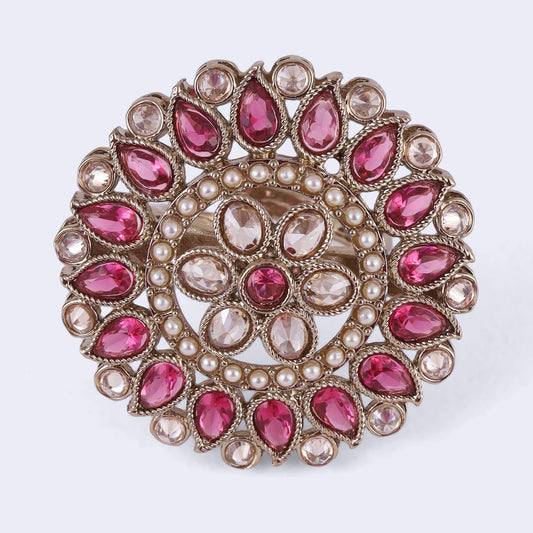 Saloni Fashion Jewellery Royal Flower and Oval Shape Gold Plated Adjustable Finger Ring For Women