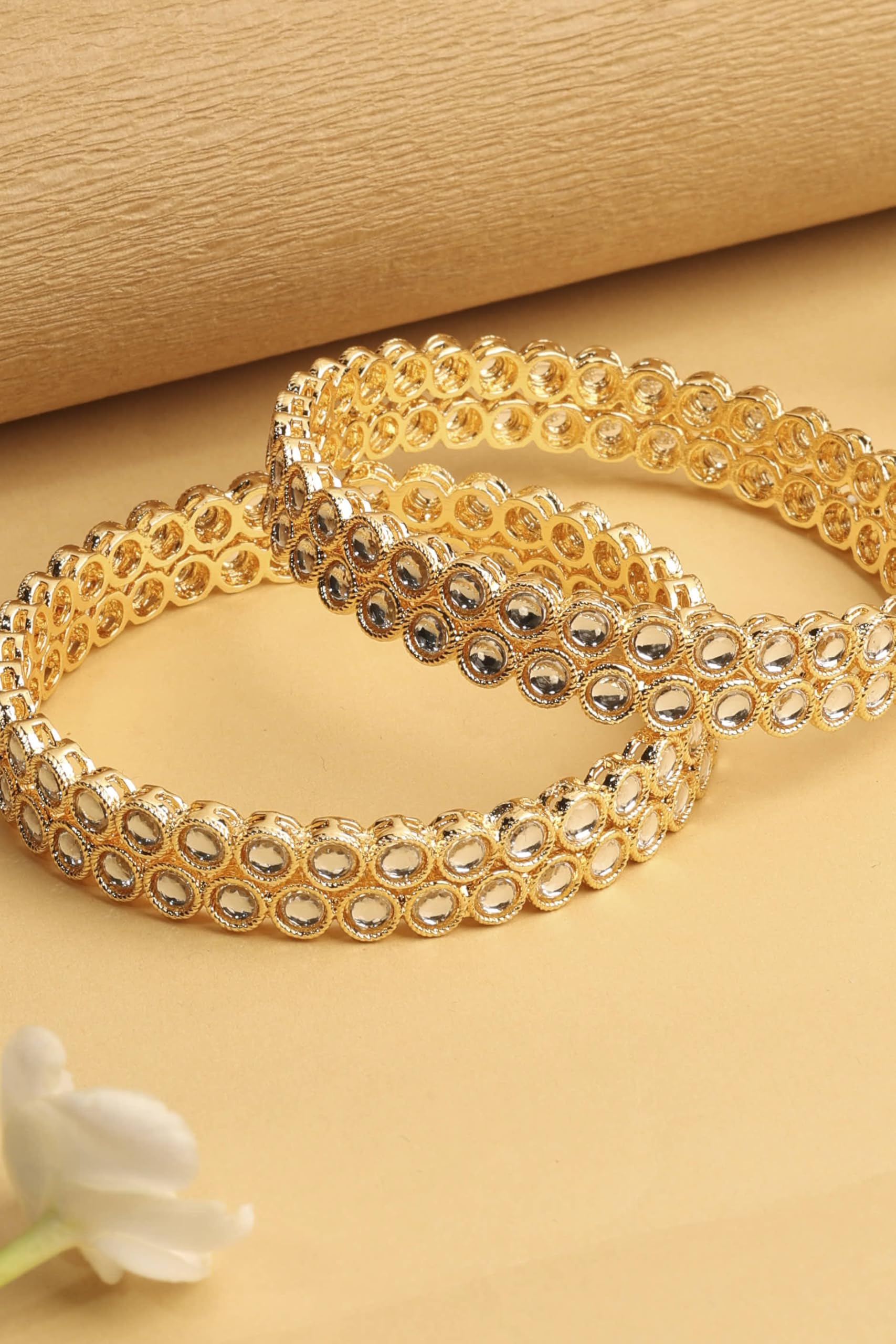 Saloni Fashion Jewellery Traditional Round Shape White Kundan Stone Gold Plated Set of 4 Bangle Set For Women and Girls