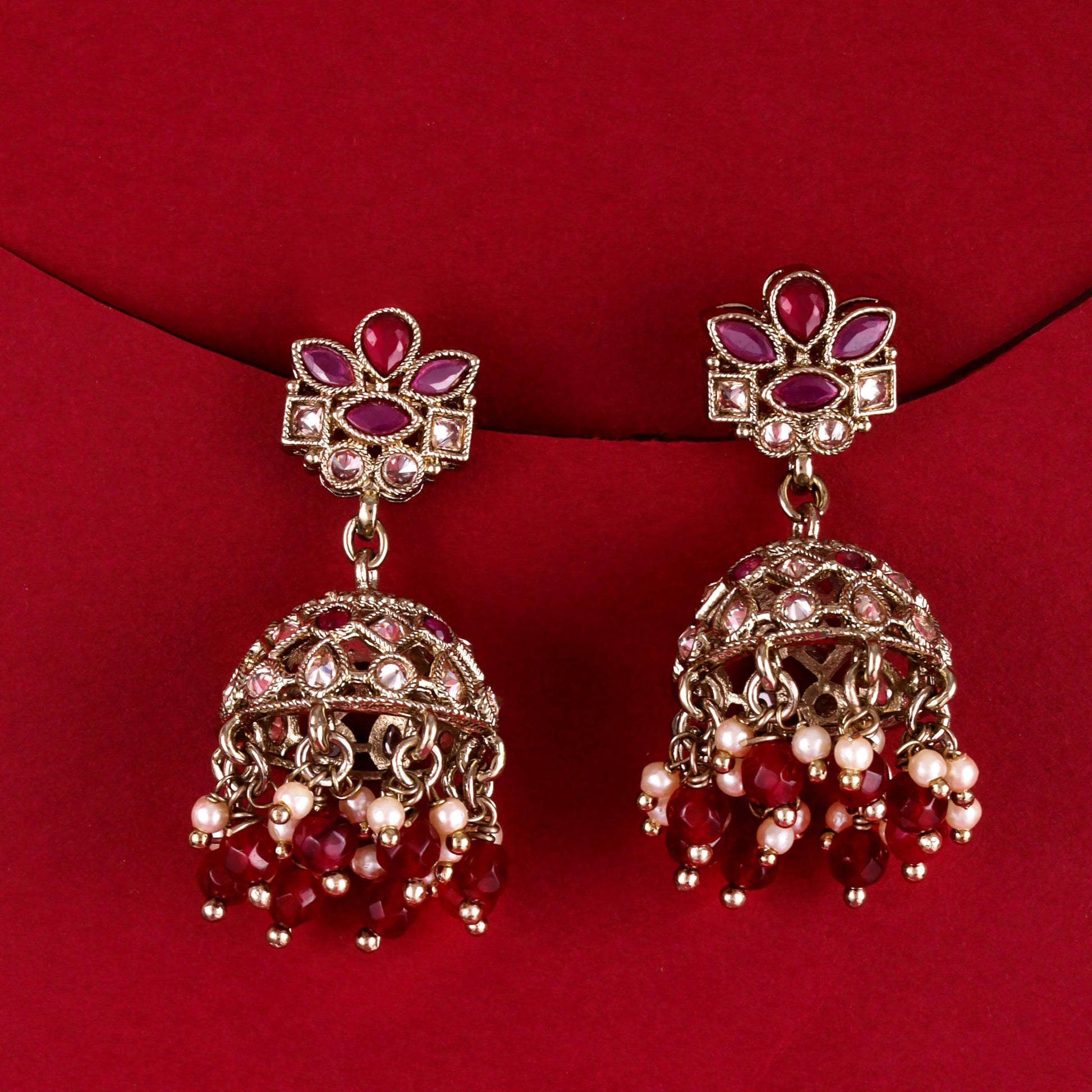 Saloni Fashion Jewellery Beautiful Flower Design Maroon Uncut Kundan Stone Antique Gold Plated Jhumki Earring For Women and Girls