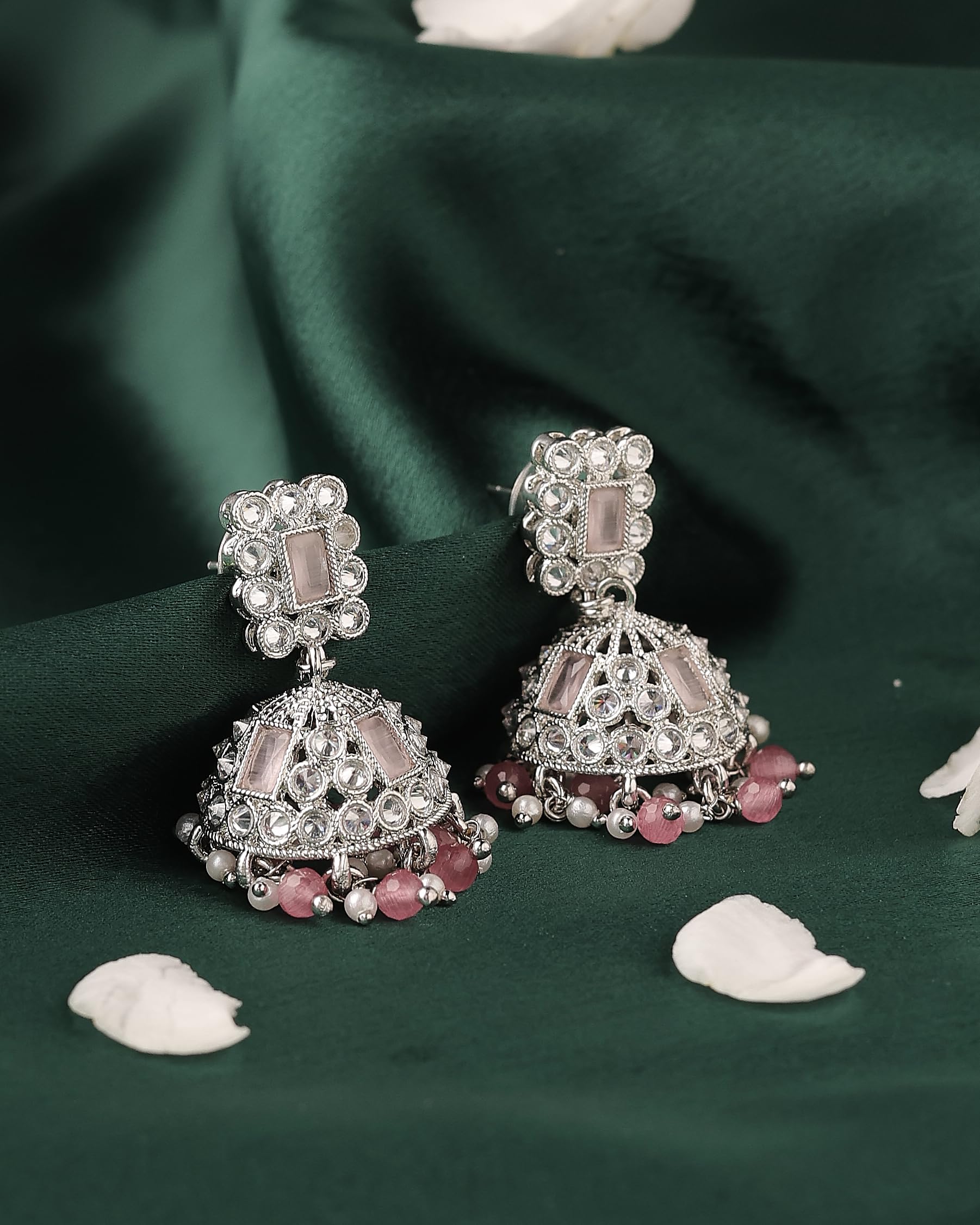 Saloni Fashion Jewellery Dazzling Square Shape Silver Plated Pink Kundan Stone Jhumki Earring For Women and Girls