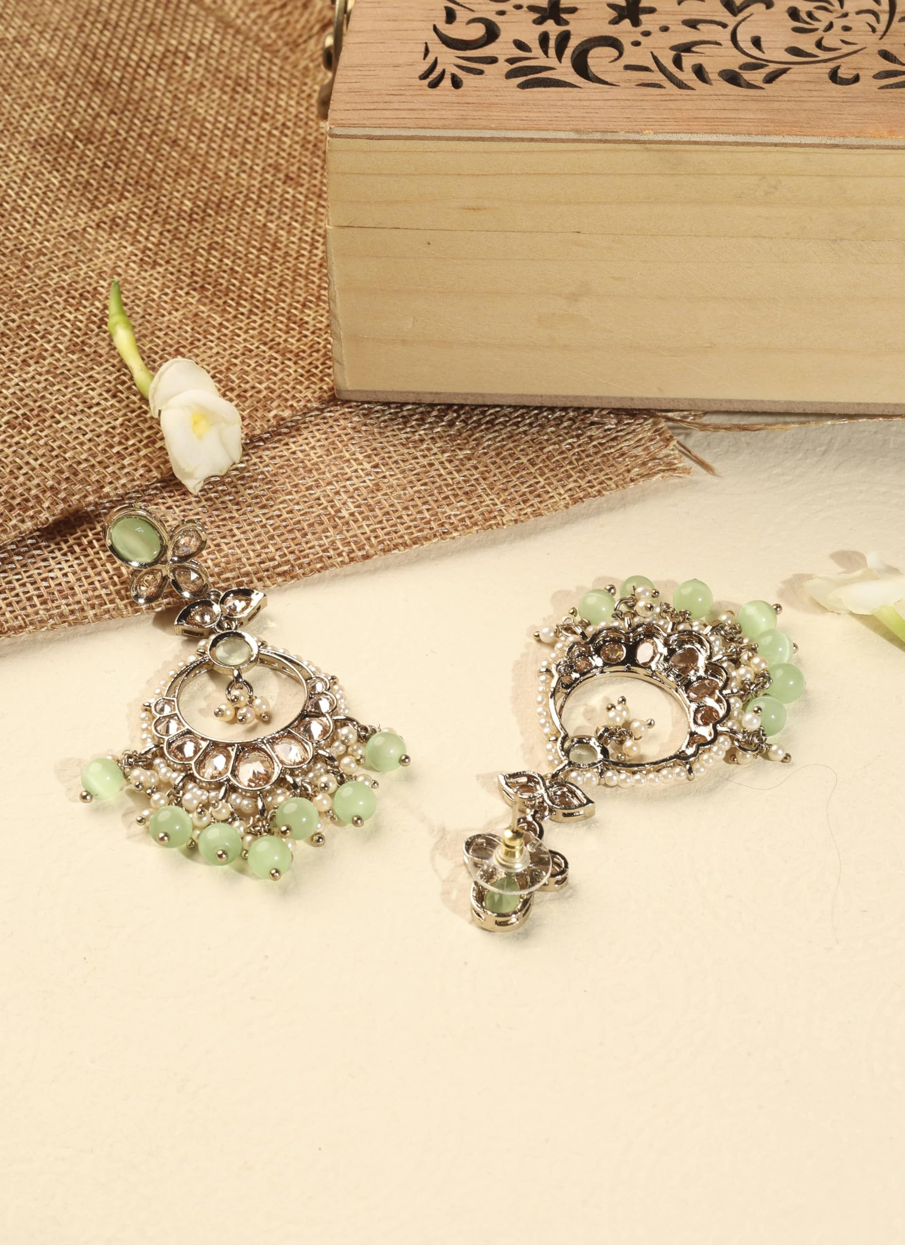 Saloni Fashion Jewellery Gorgeous Circle and Leaf Shape Light Green Pearl Brown Kundan Stone Antique Gold Plated Brass Chandelier Earring With Maang Tikka For Women and Girls