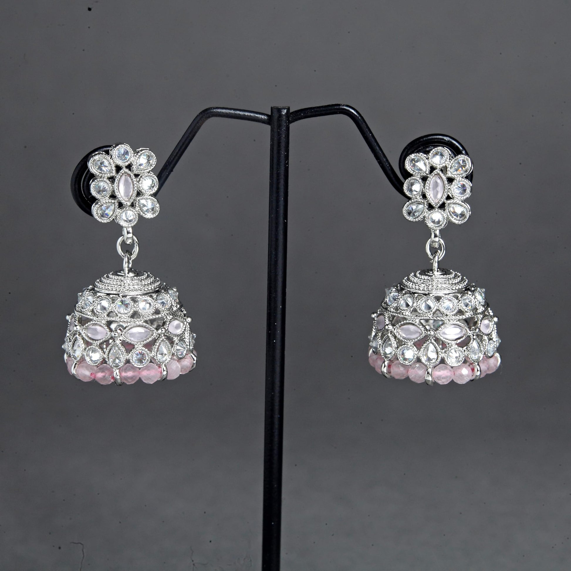 Saloni Fashion Jewellery Charming Pear and Flower Shape Pink Uncut Kundan Stone Silver Plated Jhumki Earring For Women and Girls