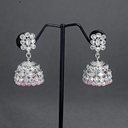 Saloni Fashion Jewellery Charming Pear and Flower Shape Pink Uncut Kundan Stone Silver Plated Jhumki Earring For Women and Girls