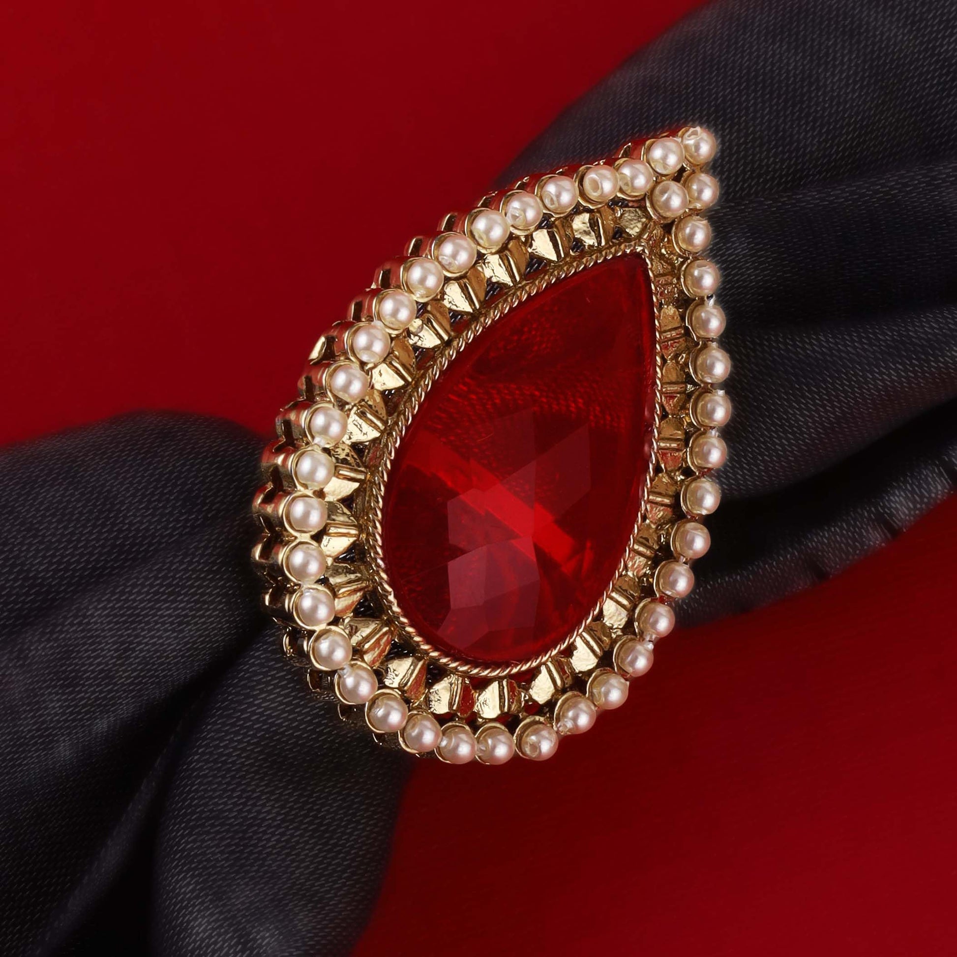 Saloni Fashion Jewellery Inspired Oval Shape Center Red Stone Gold Plated Set of 2 Combo Adjustable Finger Ring For Women