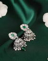 Leaf and Pear Shape Silver Plated Green Kundan Stone Brass Jhumki Earring