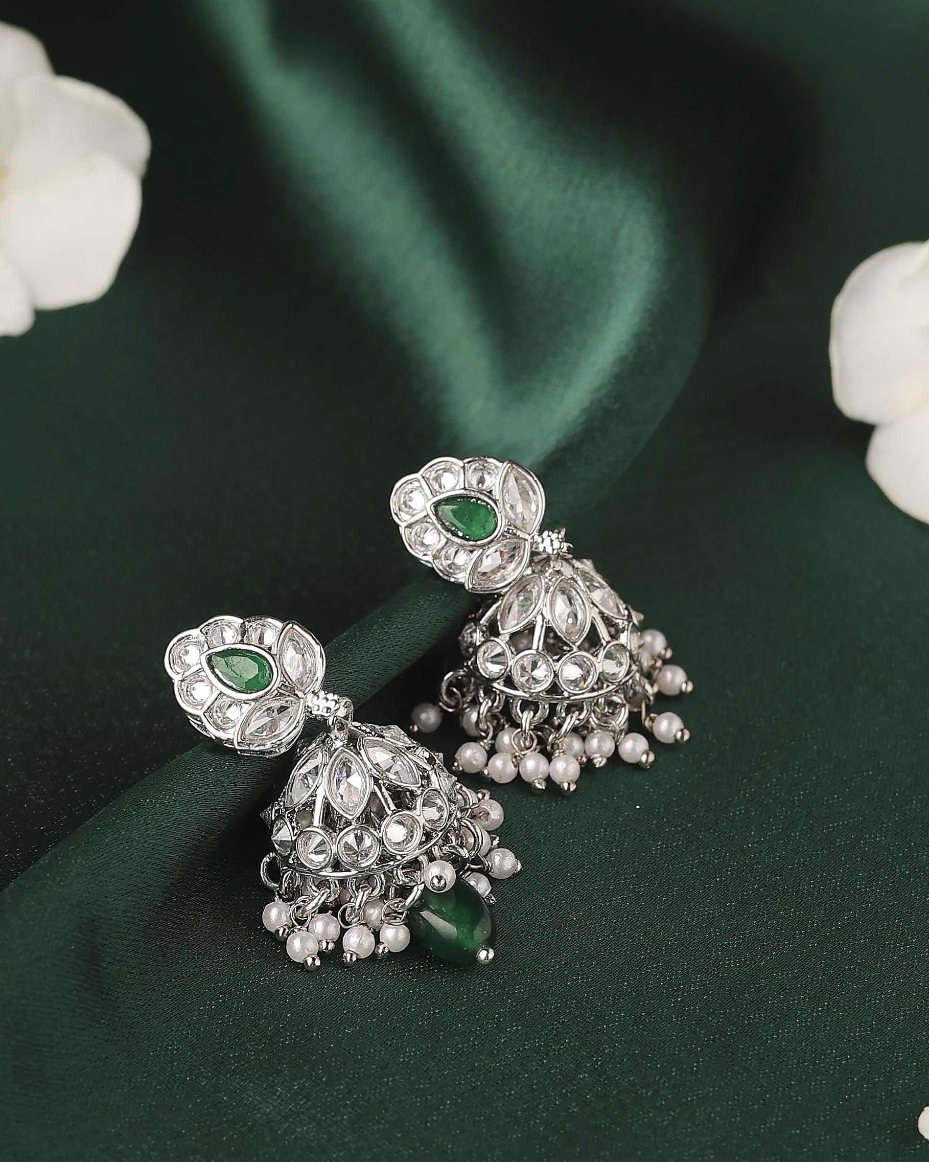 Saloni Fashion Jewellery Lavish Leaf and Pear Shape Silver Plated Green Kundan Stone Brass Jhumki Earring For Women and Girls