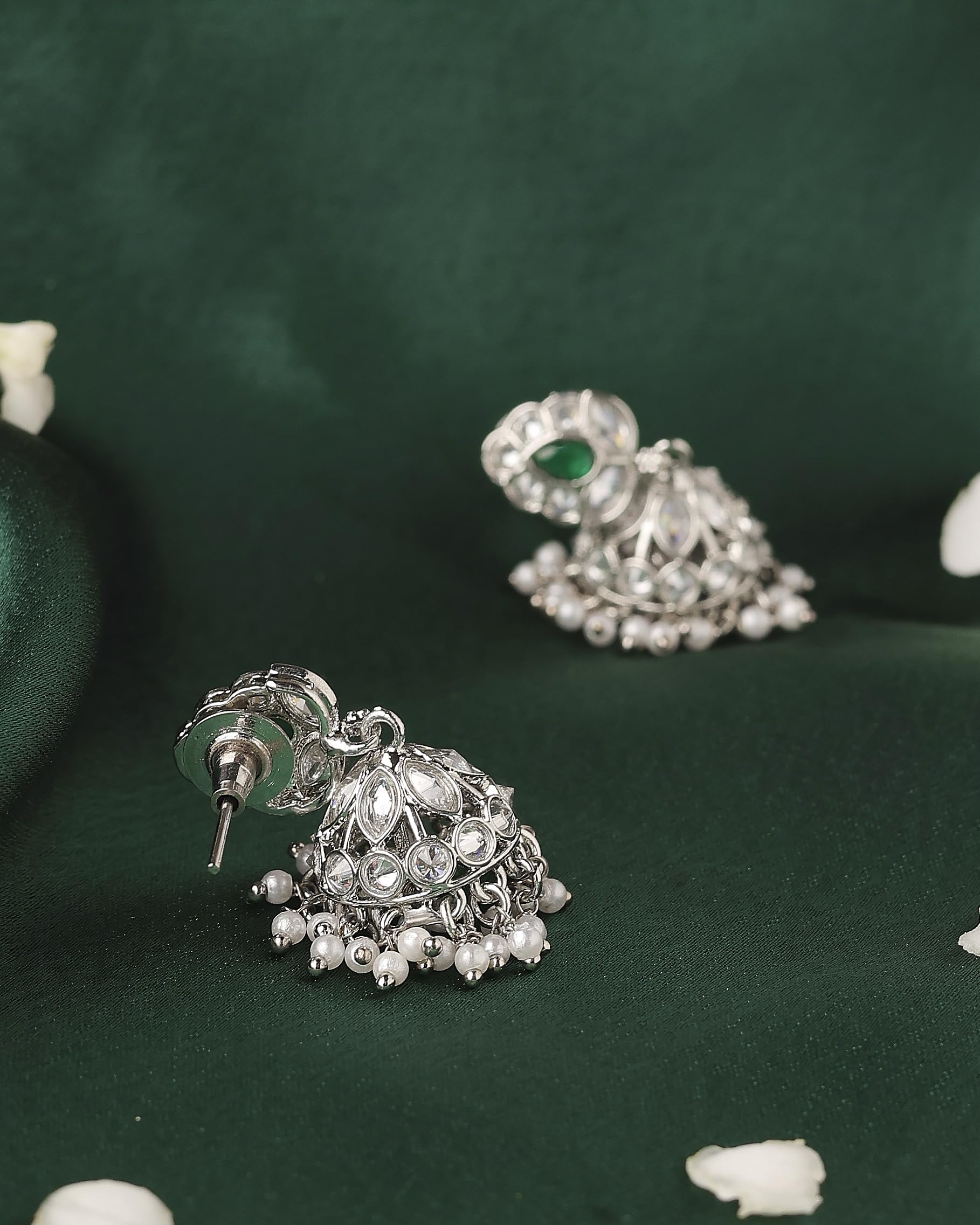 Saloni Fashion Jewellery Lavish Leaf and Pear Shape Silver Plated Green Kundan Stone Brass Jhumki Earring For Women and Girls