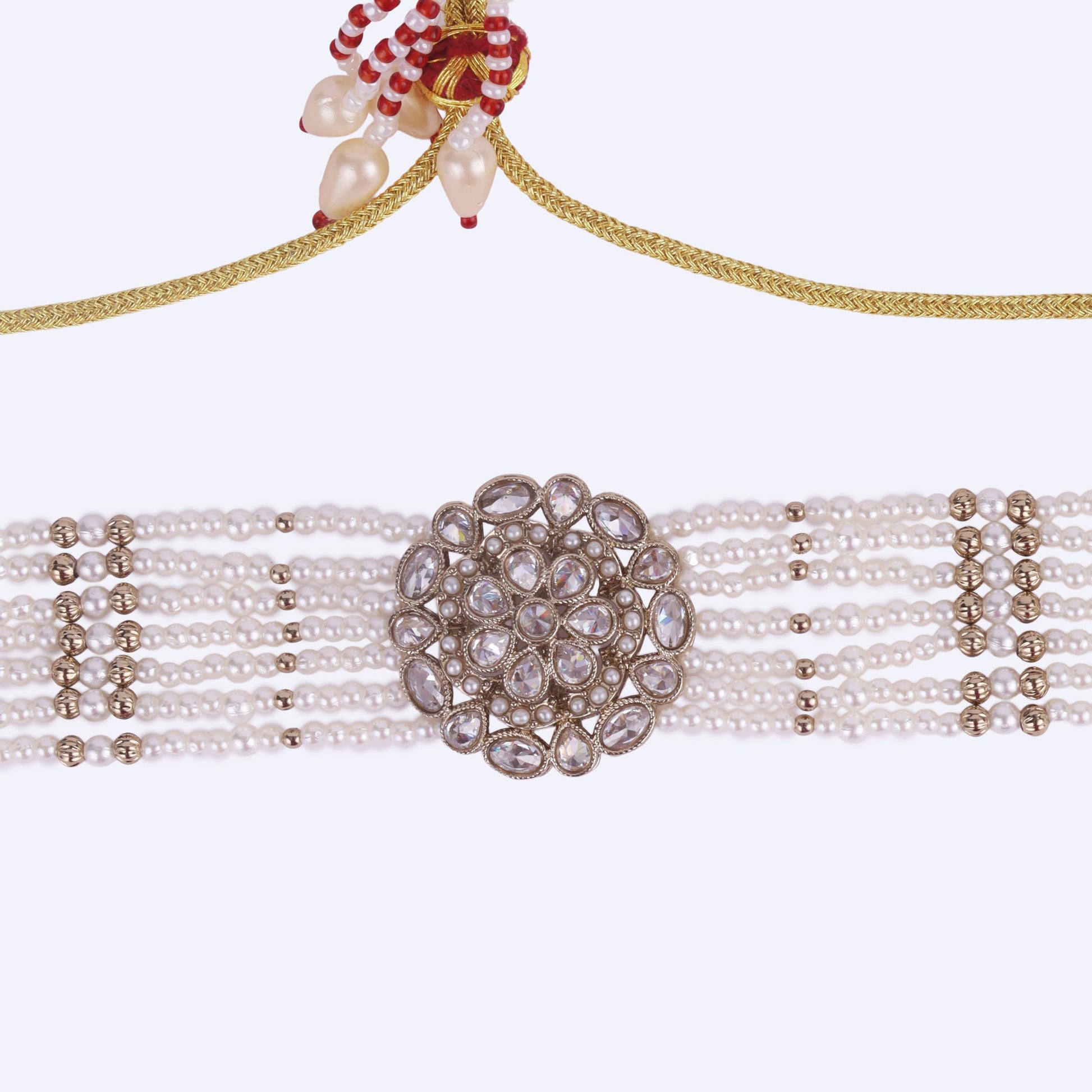 Saloni Fashion Jewellery Dazzling Pearl Round and Flower Shape Silver Plated Collar Necklace Set For Women and Girls