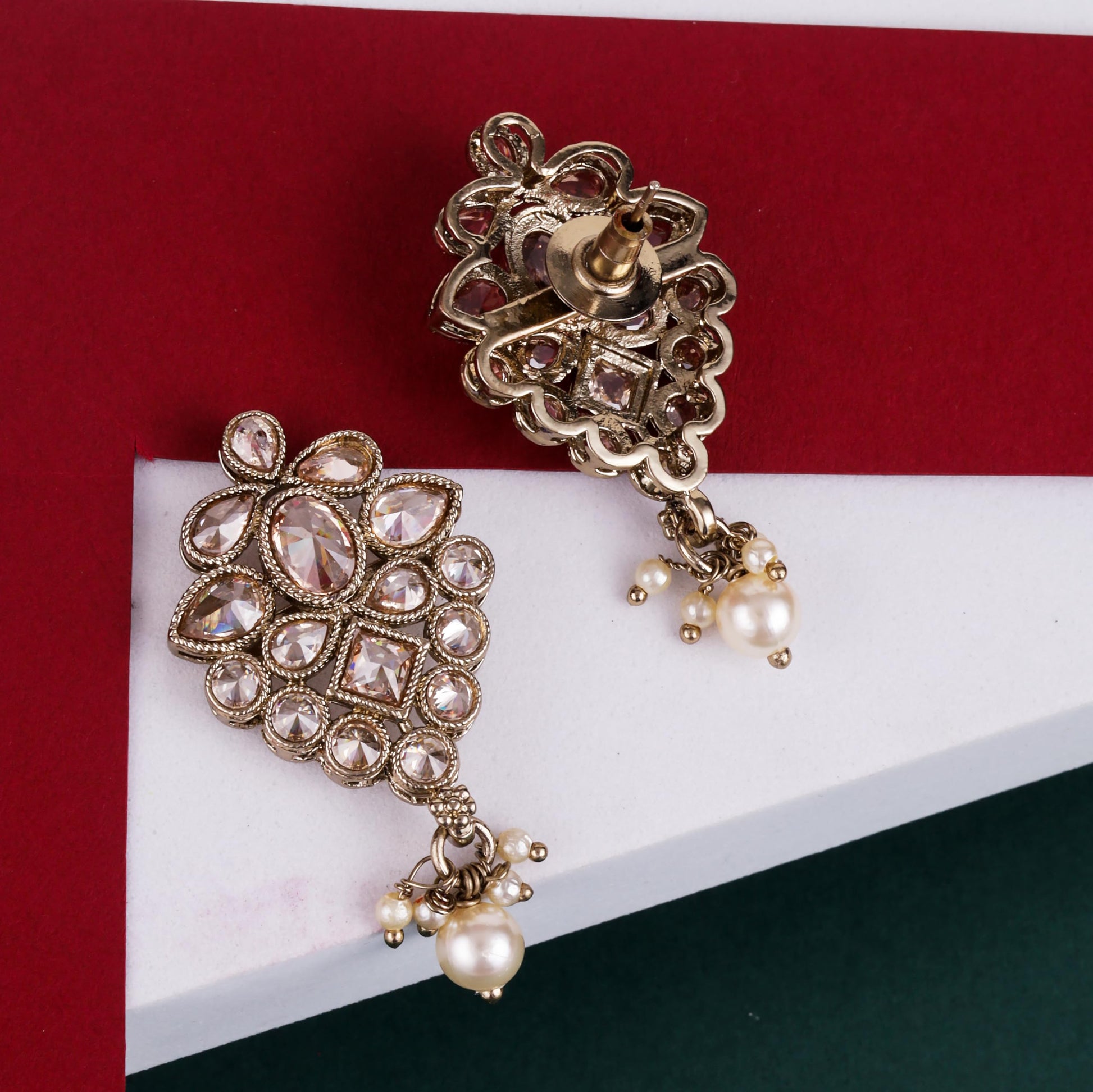 Saloni Fashion Jewellery Lavish Flower Design Brown Uncut Kundan Stone Mother of Pearl Antique Gold Plated Dangle Earring For Women and Girls