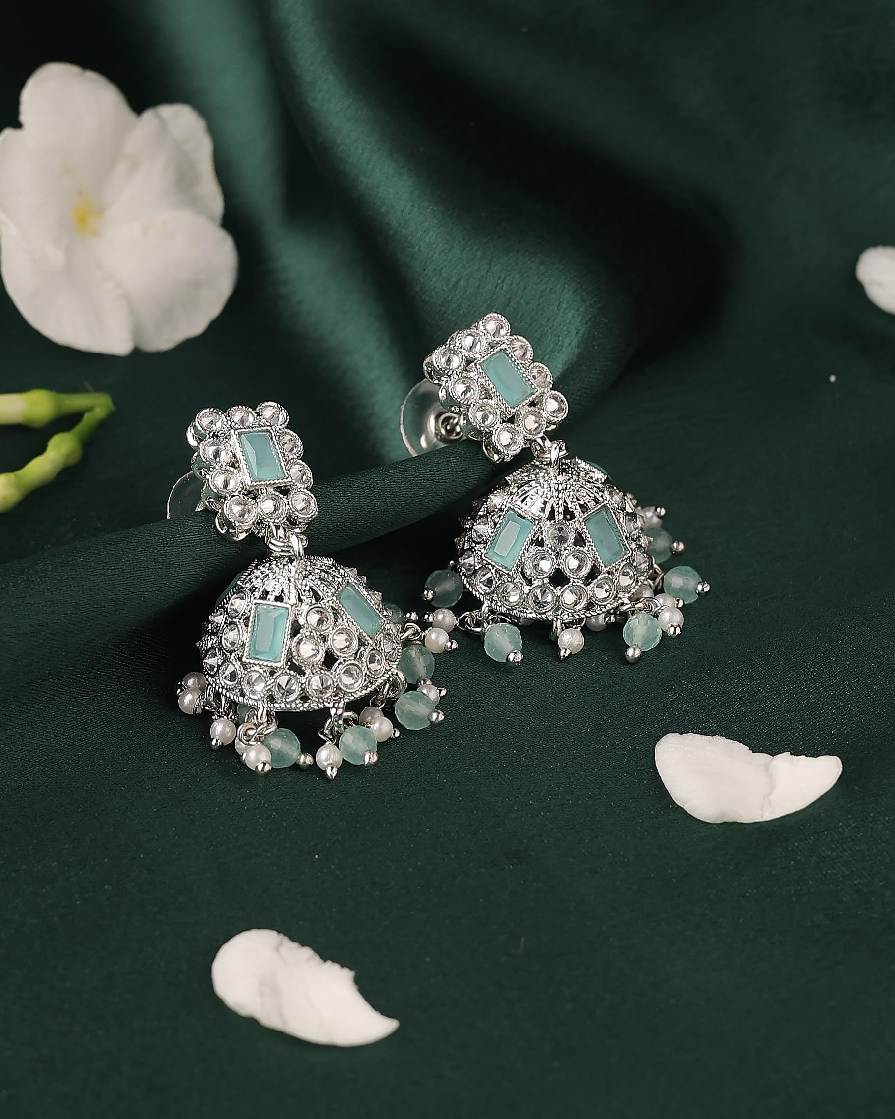 Saloni Fashion Jewellery Designer Square Shape Silver Plated Sky Blue Kundan Stone Jhumki Earring For Women and Girls