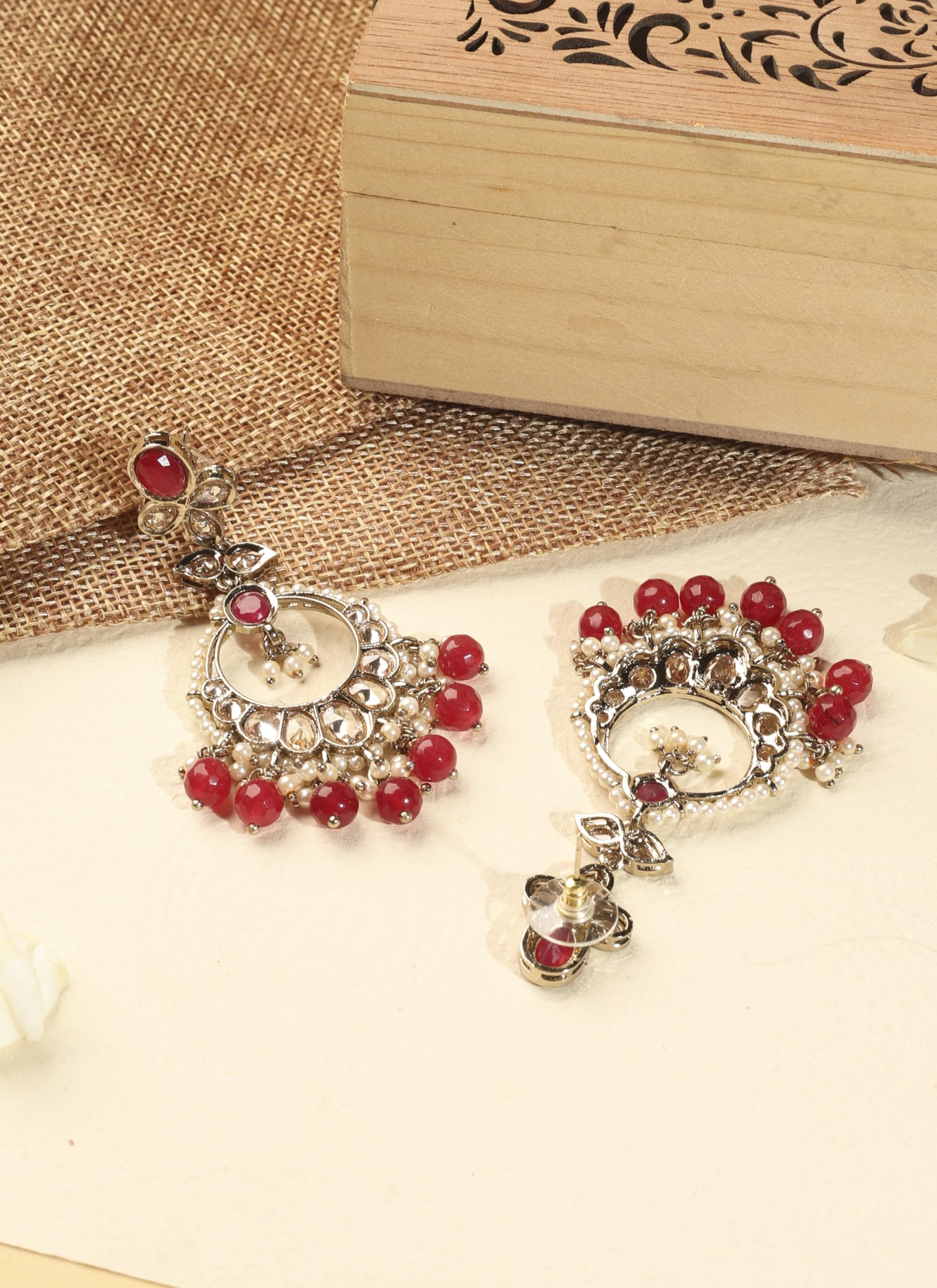 Saloni Fashion Jewellery Incredible Circle and Leaf Shape Red Pearl Brown Kundan Stone Antique Gold Plated Brass Chandelier Earring With Maang Tikka For Women and Girls