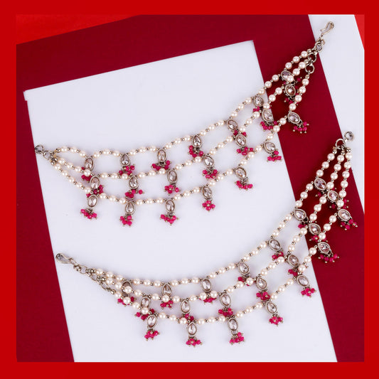 Saloni Fashion Jewellery Designer Oval and Circle Shape 3 String Red Kundan Stone Pearl Antique Gold Plated Set Of 2 Ear-Chain (Kaanchain) For Women and Girls