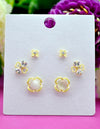 Flower Design Pearl CZ Brass Gold Plated Set of 3 Combo Stud Earring