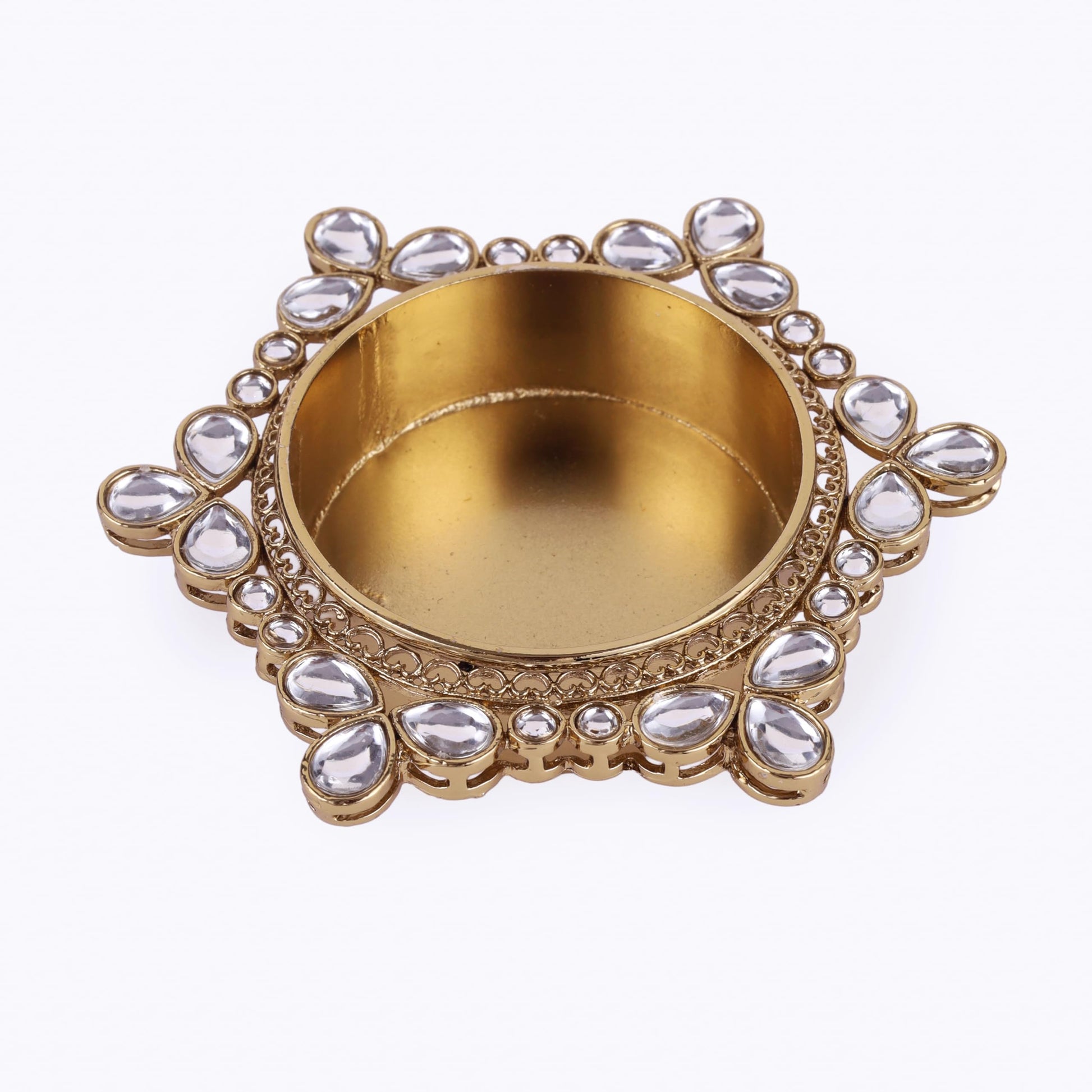 Saloni Fashion Jewellery Traditional Delightful Round and Flower Design Brass Gold Plated White Stone Festival Decorative Deep / Diya