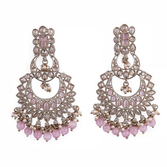 Saloni Fashion Jewellery Graceful Pear and Chandelier Shape Mother of Pearl Pink Uncut Kundan Stone Antique Gold Plated Earring For Women and Girls