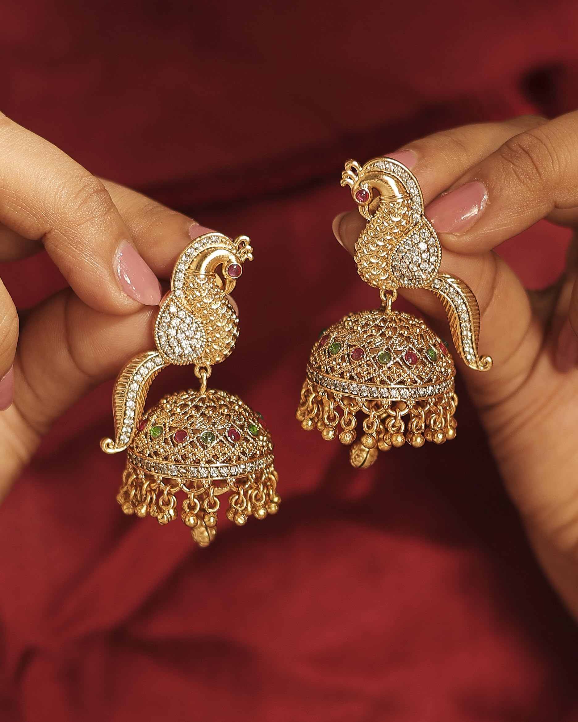Saloni Fashion Jewellery Pleasant Peacock Design Gold Plated CZ Studded Brass Jhumki Earring For Women and Girls