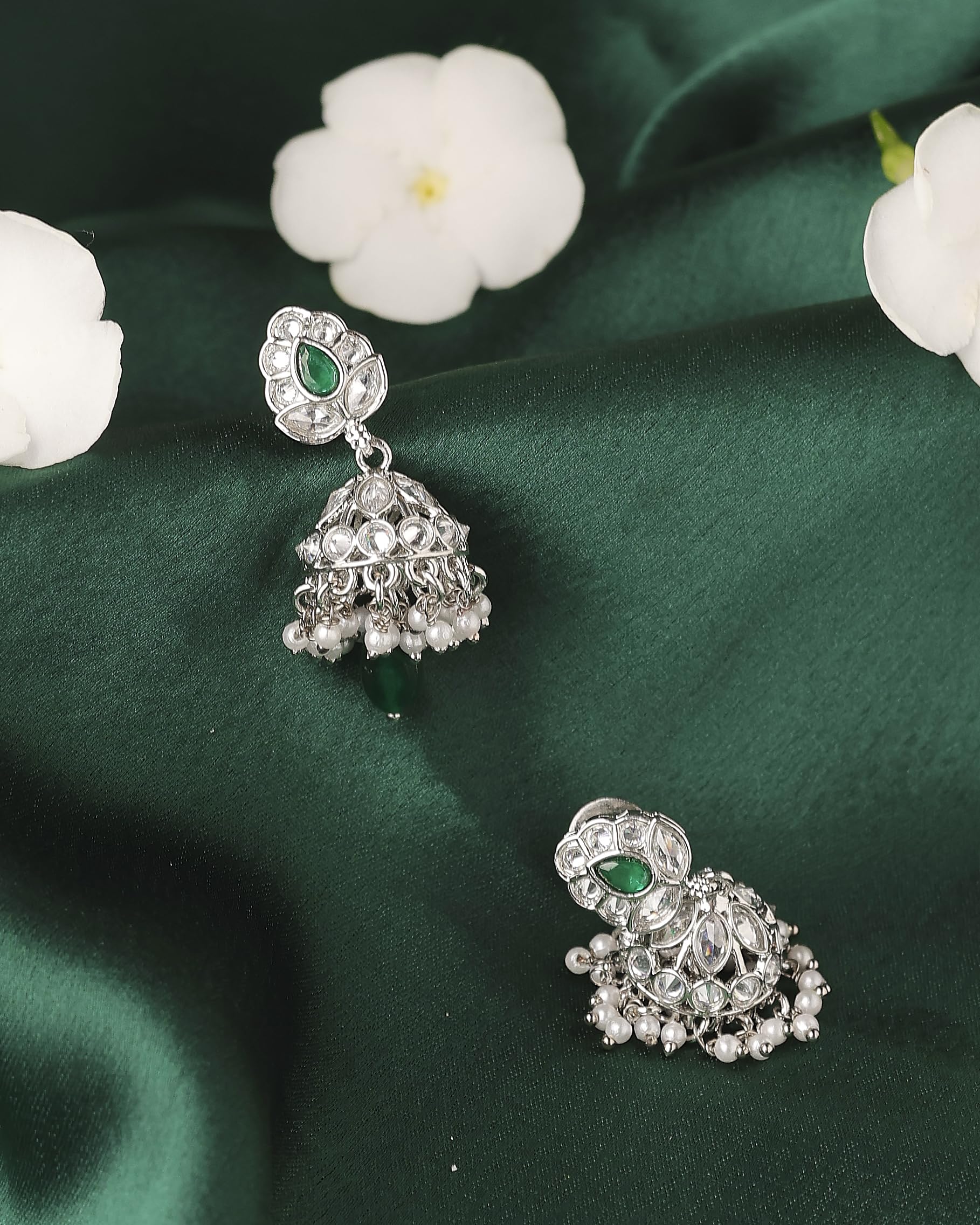 Saloni Fashion Jewellery Lavish Leaf and Pear Shape Silver Plated Green Kundan Stone Brass Jhumki Earring For Women and Girls