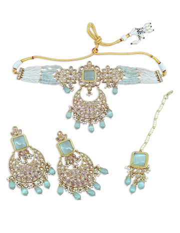 Saloni Fashion Jewellery Splendid Flower and Chandelier Shape Pearl Lariat Uncut Kundan Gold Plated Choker Necklace Set with Maangtikka For Women and Girls