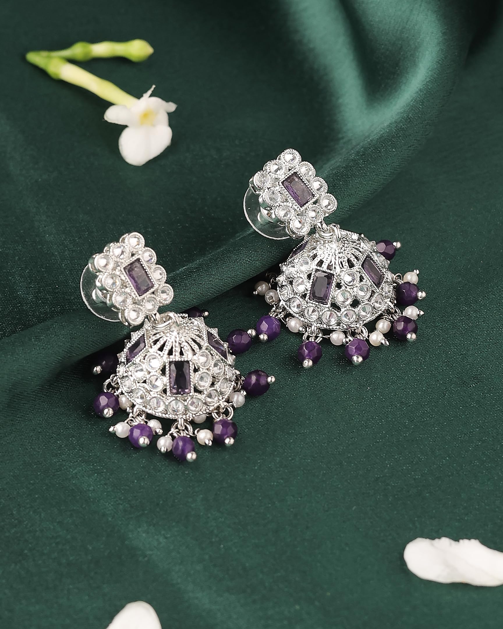 Saloni Fashion Jewellery Delightful Square Shape Silver Plated Purple Kundan Stone Jhumki Earring For Women and Girls