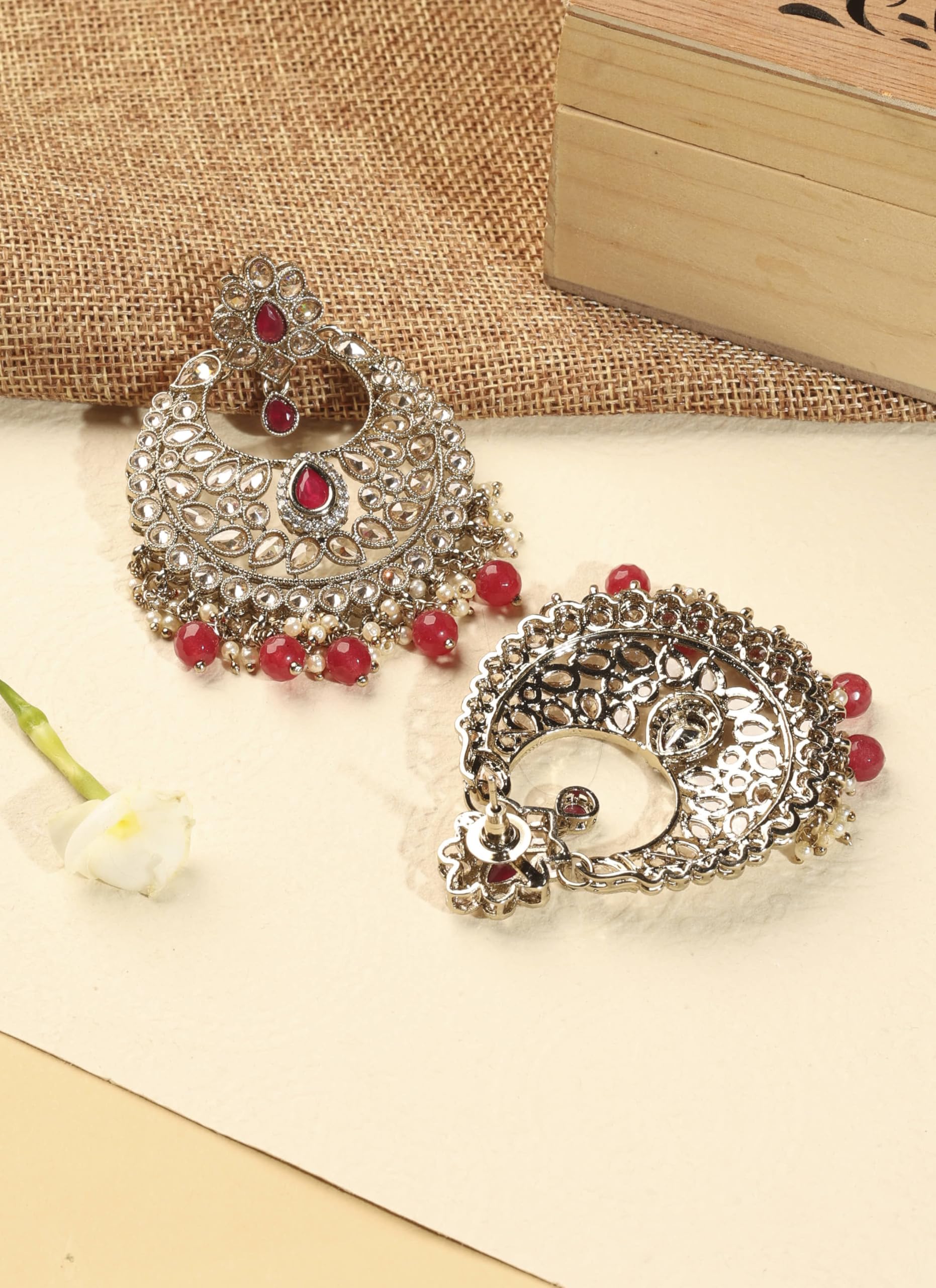 Saloni Fashion Jewellery Superb Chandelier Shape Red Kundan Stone Antique Gold Plated Chandelier Earring For Women and Girls