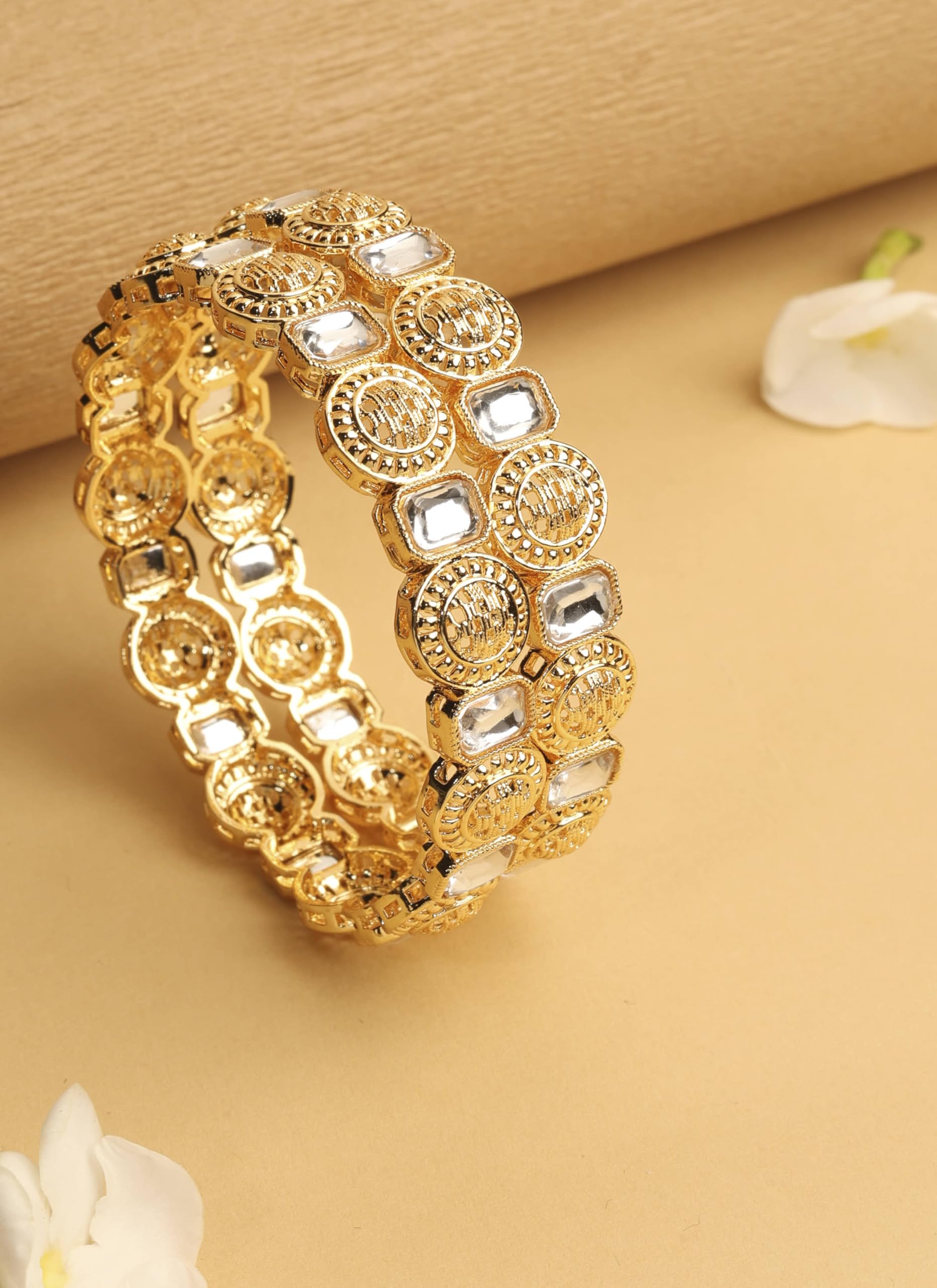 Saloni Fashion Jewellery Traditional Round Shape White Kundan Stone Gold Plated Set of 2 Bangle Set For Women and Girls