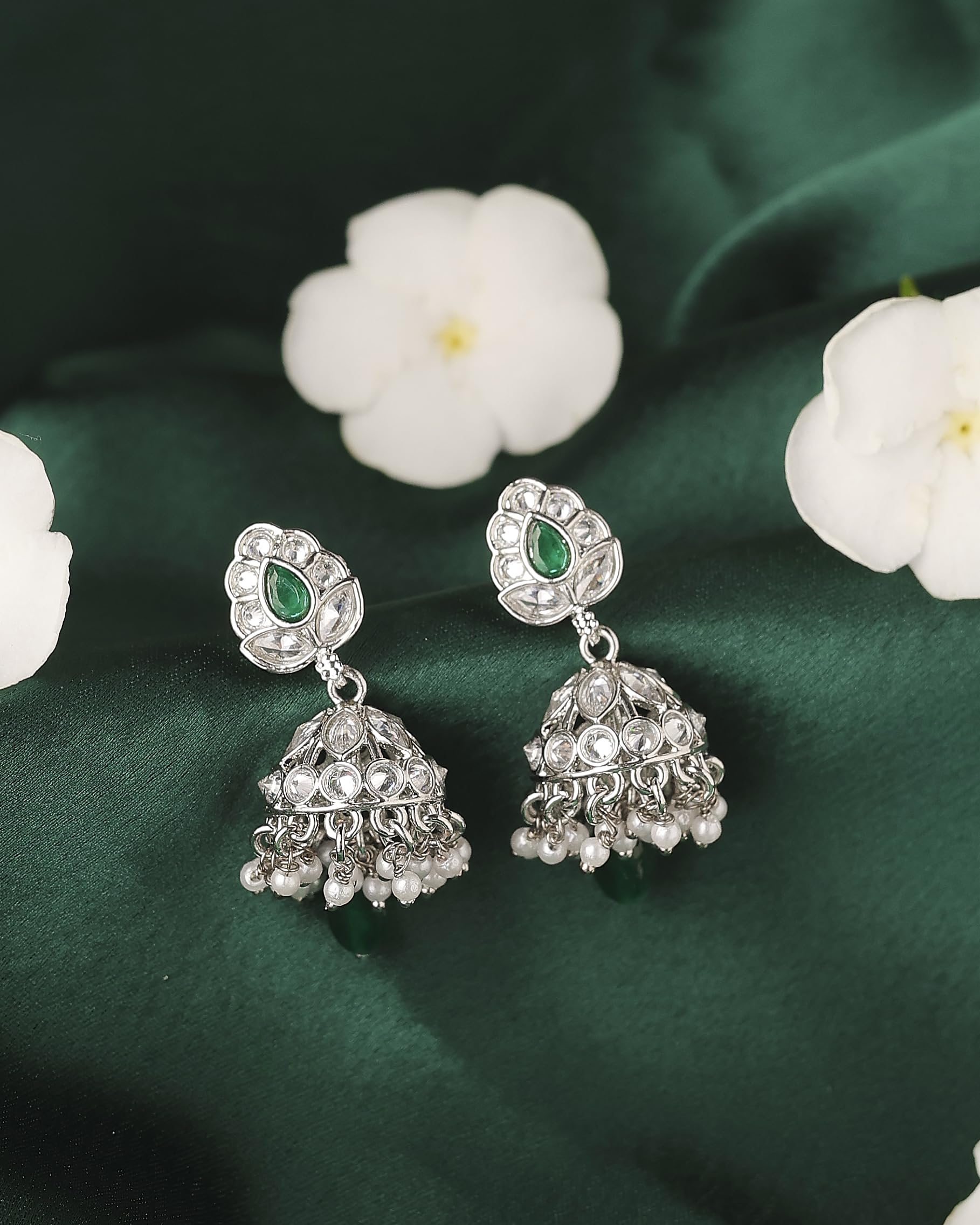 Saloni Fashion Jewellery Lavish Leaf and Pear Shape Silver Plated Green Kundan Stone Brass Jhumki Earring For Women and Girls