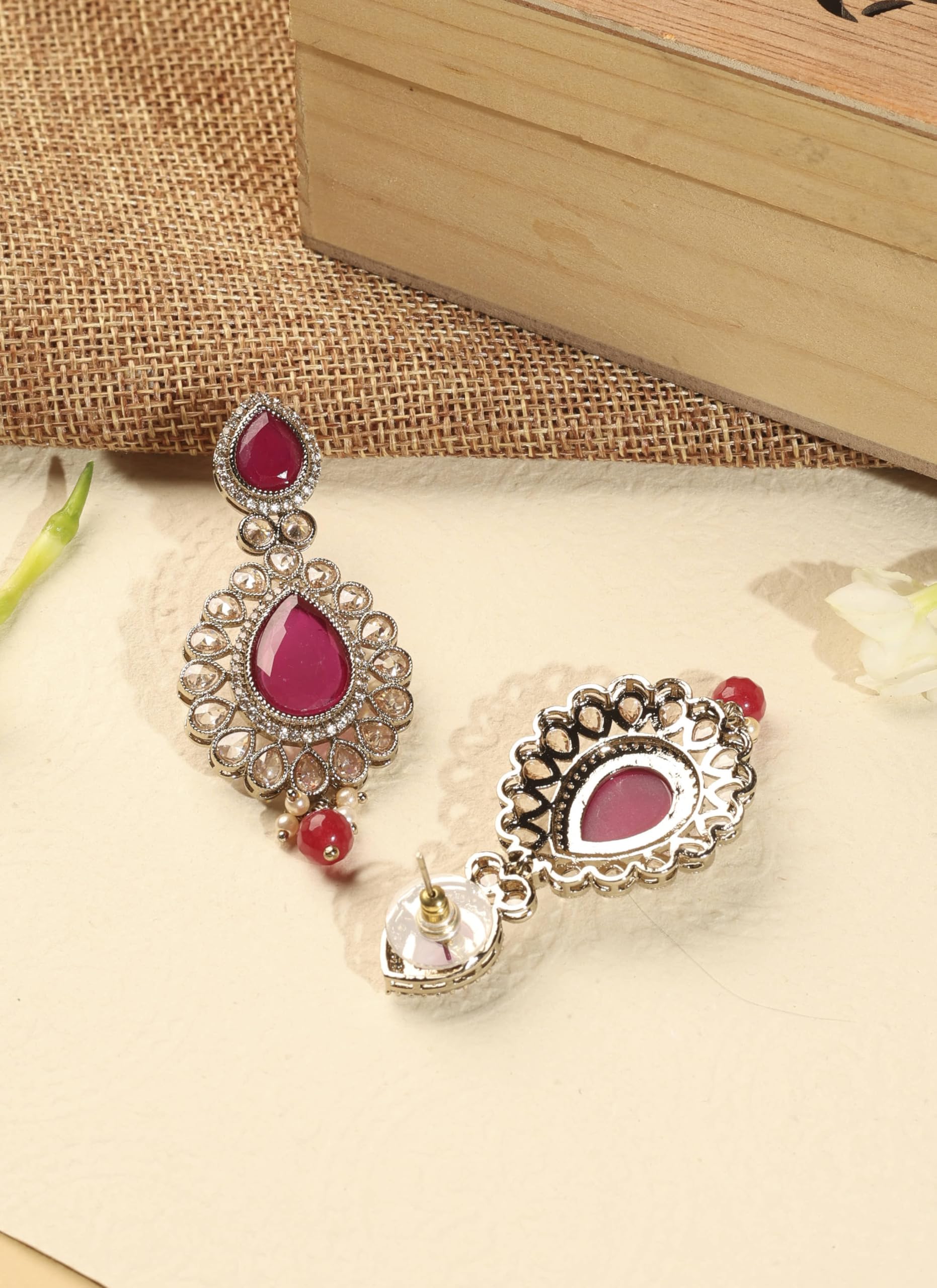 Saloni Fashion Jewellery Stylish Round and Oval Shape Red Kundan Stone Antique Gold Plated Brass Dangle Earring For Women and Girls