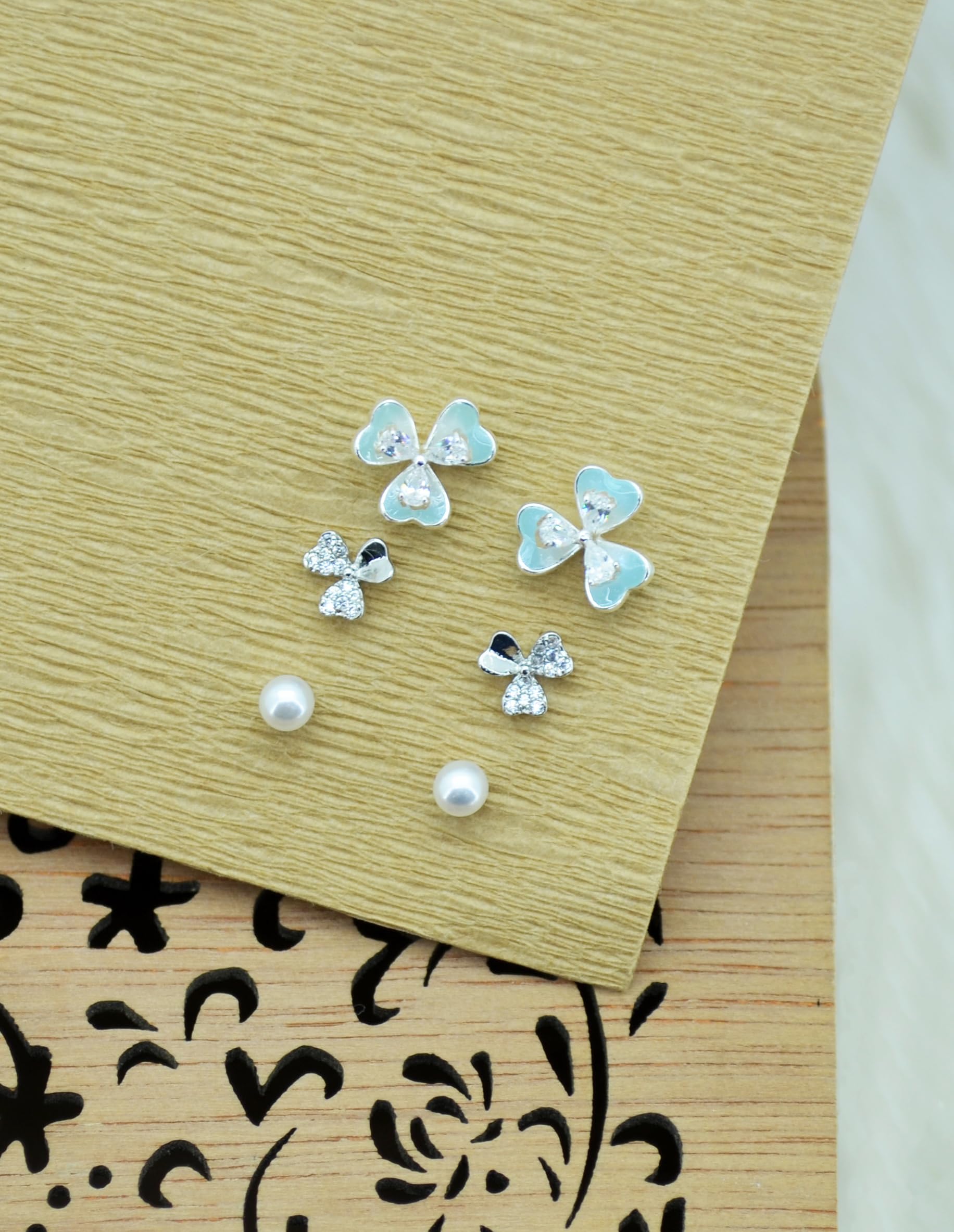 Saloni Fashion Jewellery Lovely Heart and Flower Design Combo of 3 Silver Plated Stud Earring For Women and Girls