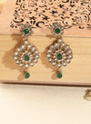 Round and Flower Shape Green Kundan Stone Antique Gold Plated Brass Dangle Earring With Maang Tikka