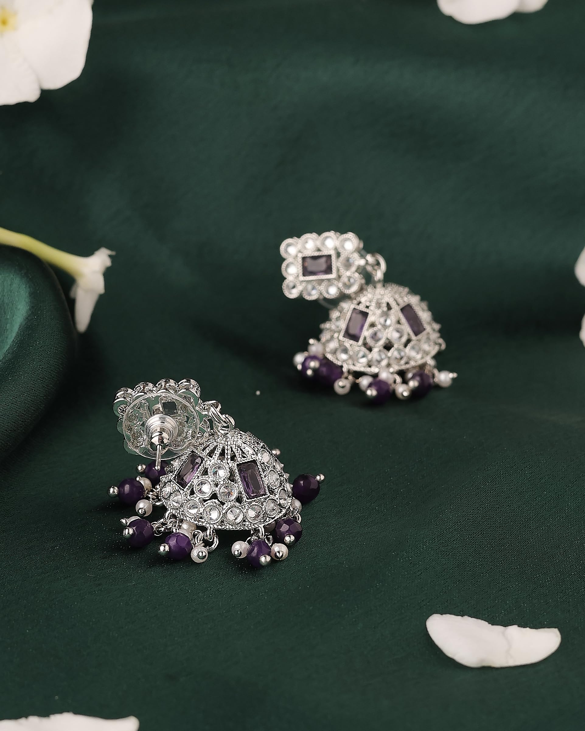 Saloni Fashion Jewellery Delightful Square Shape Silver Plated Purple Kundan Stone Jhumki Earring For Women and Girls