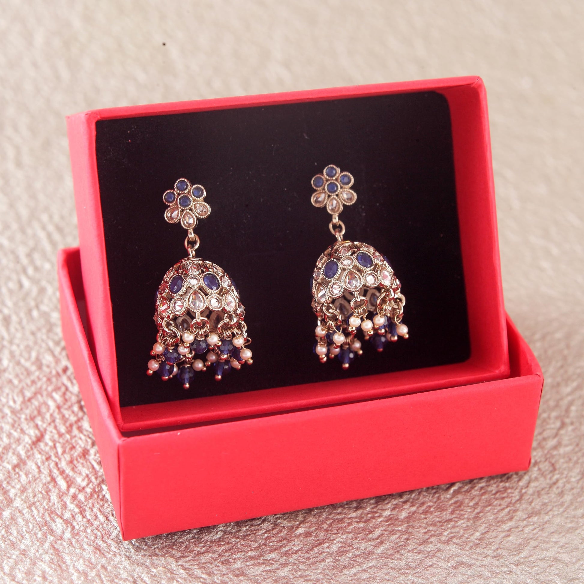 Saloni Fashion Jewellery Pleasant Flower Shape Blue Uncut Kundan Stone Antique Gold Plated Jhumki Earring For Women and Girls