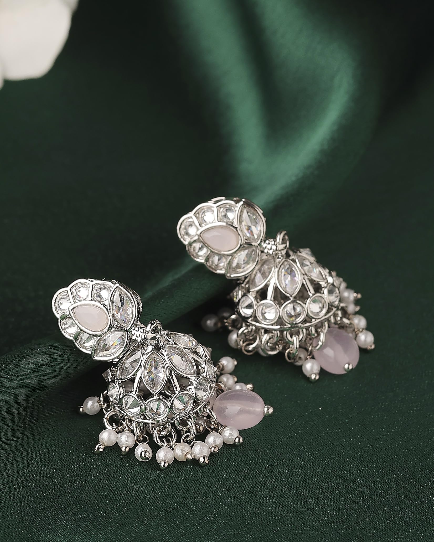 Saloni Fashion Jewellery Modish Leaf and Pear Shape Silver Plated Pink Kundan Stone Brass Jhumki Earring For Women and Girls
