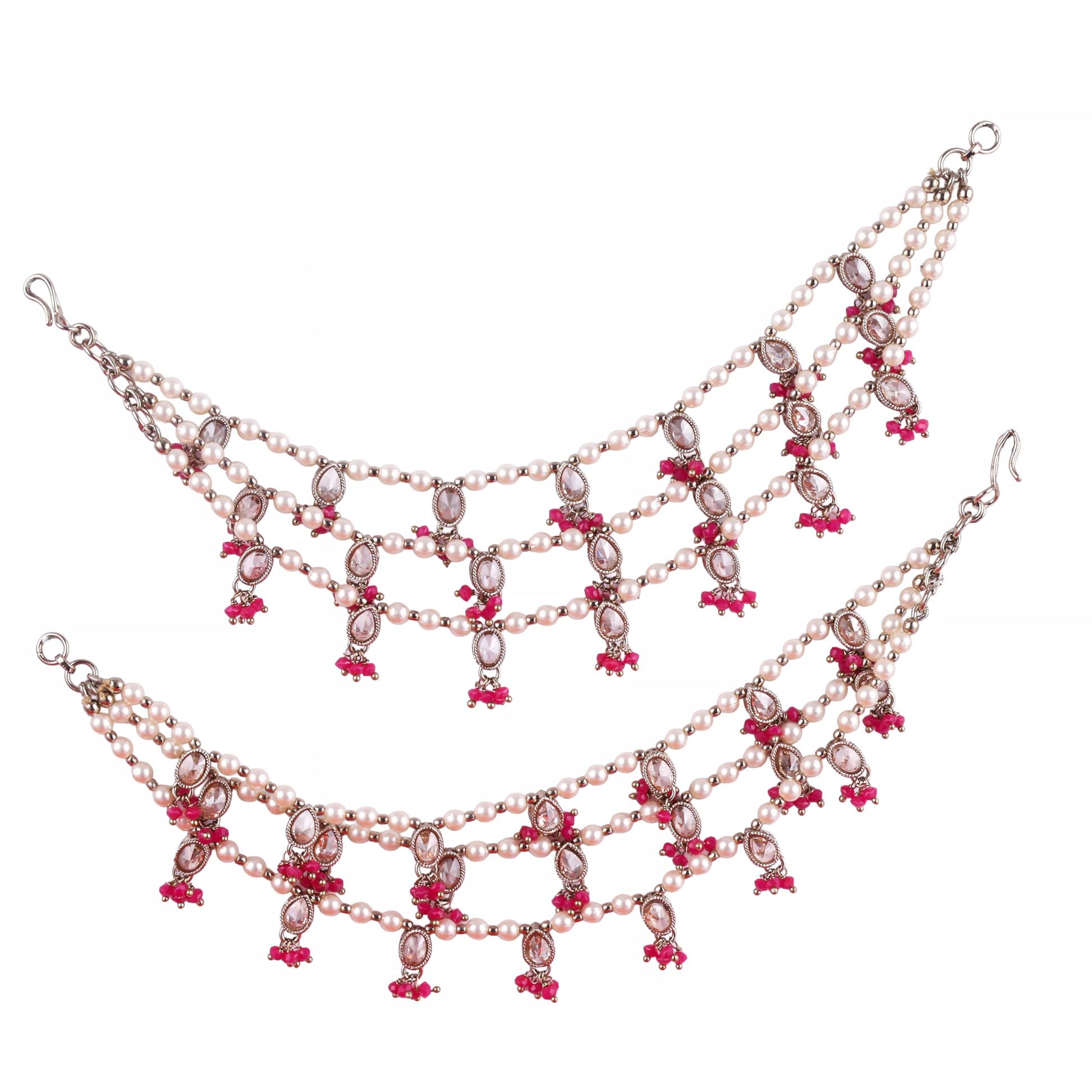 Saloni Fashion Jewellery Designer Oval and Circle Shape 3 String Red Kundan Stone Pearl Antique Gold Plated Set Of 2 Ear-Chain (Kaanchain) For Women and Girls