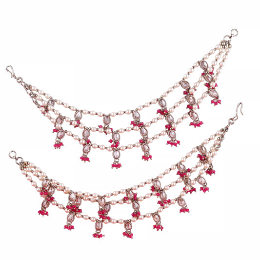 Saloni Fashion Jewellery Designer Oval and Circle Shape 3 String Red Kundan Stone Pearl Antique Gold Plated Set Of 2 Ear-Chain (Kaanchain) For Women and Girls