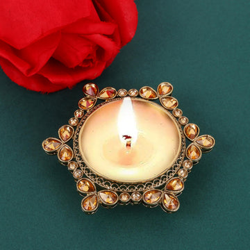 Saloni Fashion Jewellery Traditional Attractive Round and Flower Design Brass Gold Plated Brown Stone Festival Decorative Deep / Diya