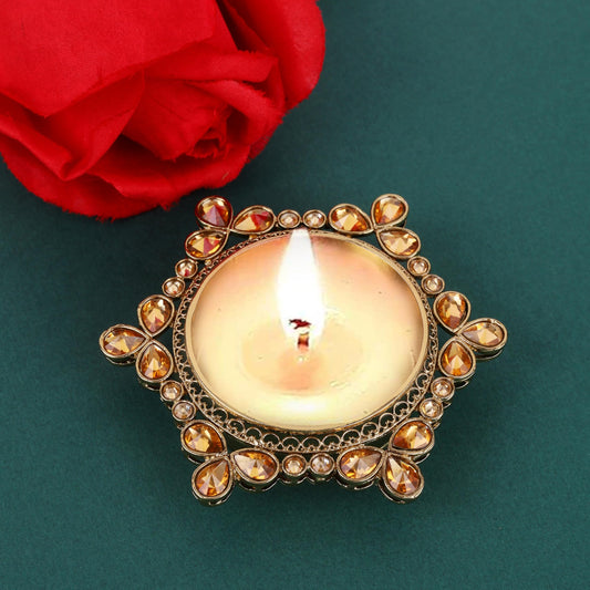 Saloni Fashion Jewellery Traditional Attractive Round and Flower Design Brass Gold Plated Brown Stone Festival Decorative Deep / Diya
