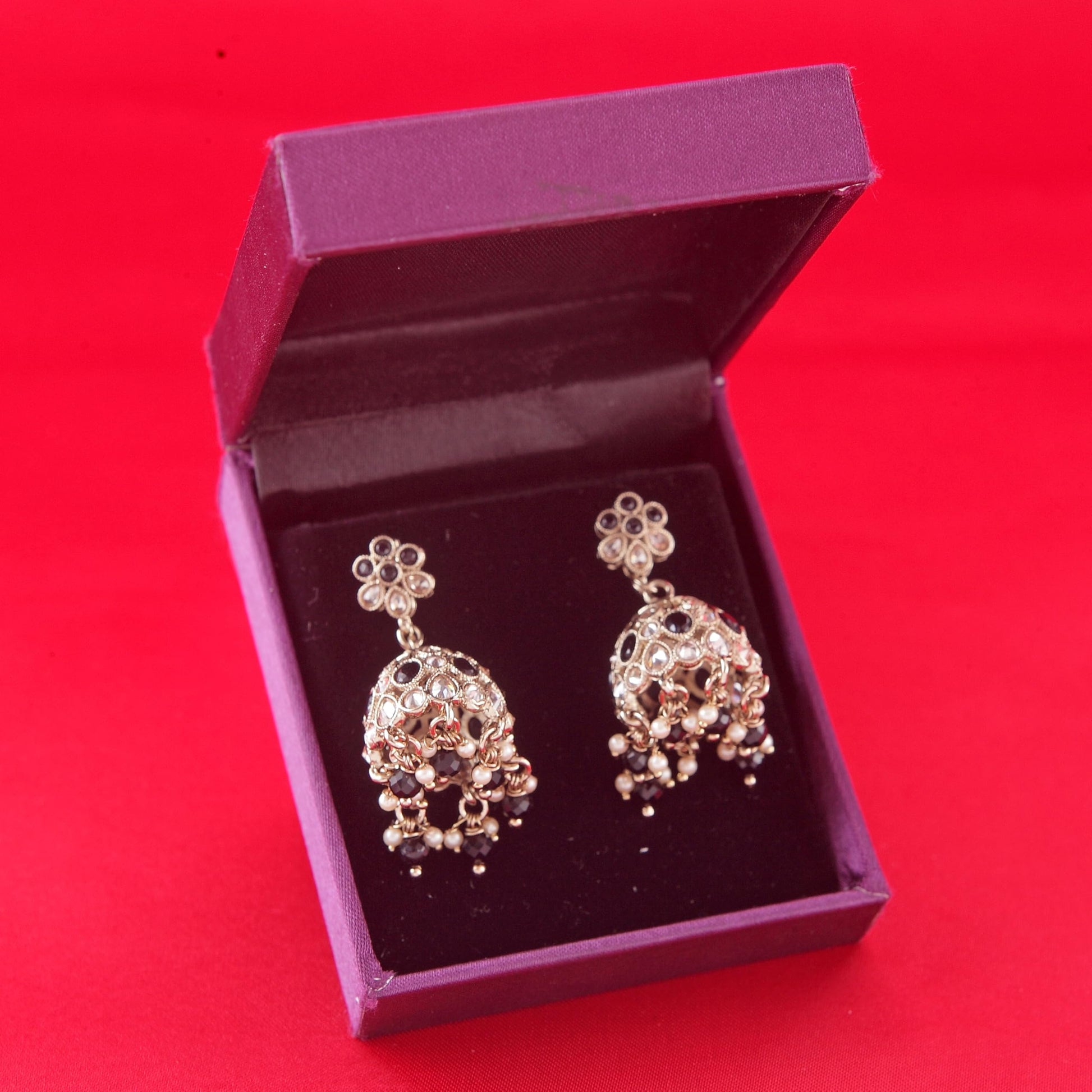 Saloni Fashion Jewellery Modish Flower Shape Black Uncut Kundan Stone Antique Gold Plated Jhumki Earring For Women and Girls