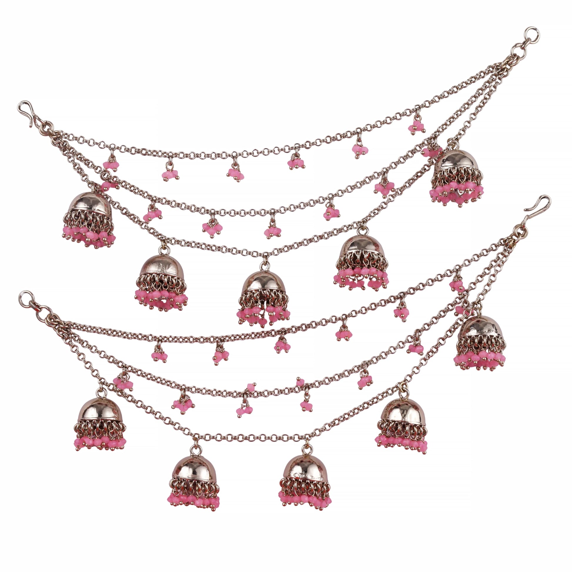 Saloni Fashion Jewellery Fancy Latkan Jhumki Pink Pearl 3 String Antique Gold Plated Set Of 2 Brass Ear-Chain (Kaanchain) For Women and Girls
