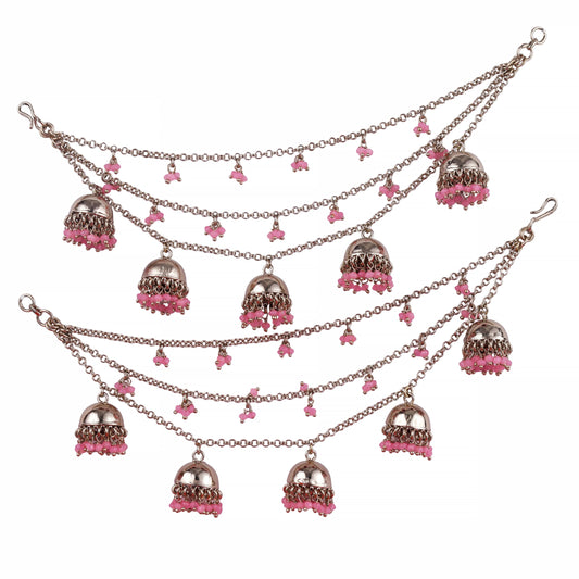 Saloni Fashion Jewellery Fancy Latkan Jhumki Pink Pearl 3 String Antique Gold Plated Set Of 2 Brass Ear-Chain (Kaanchain) For Women and Girls