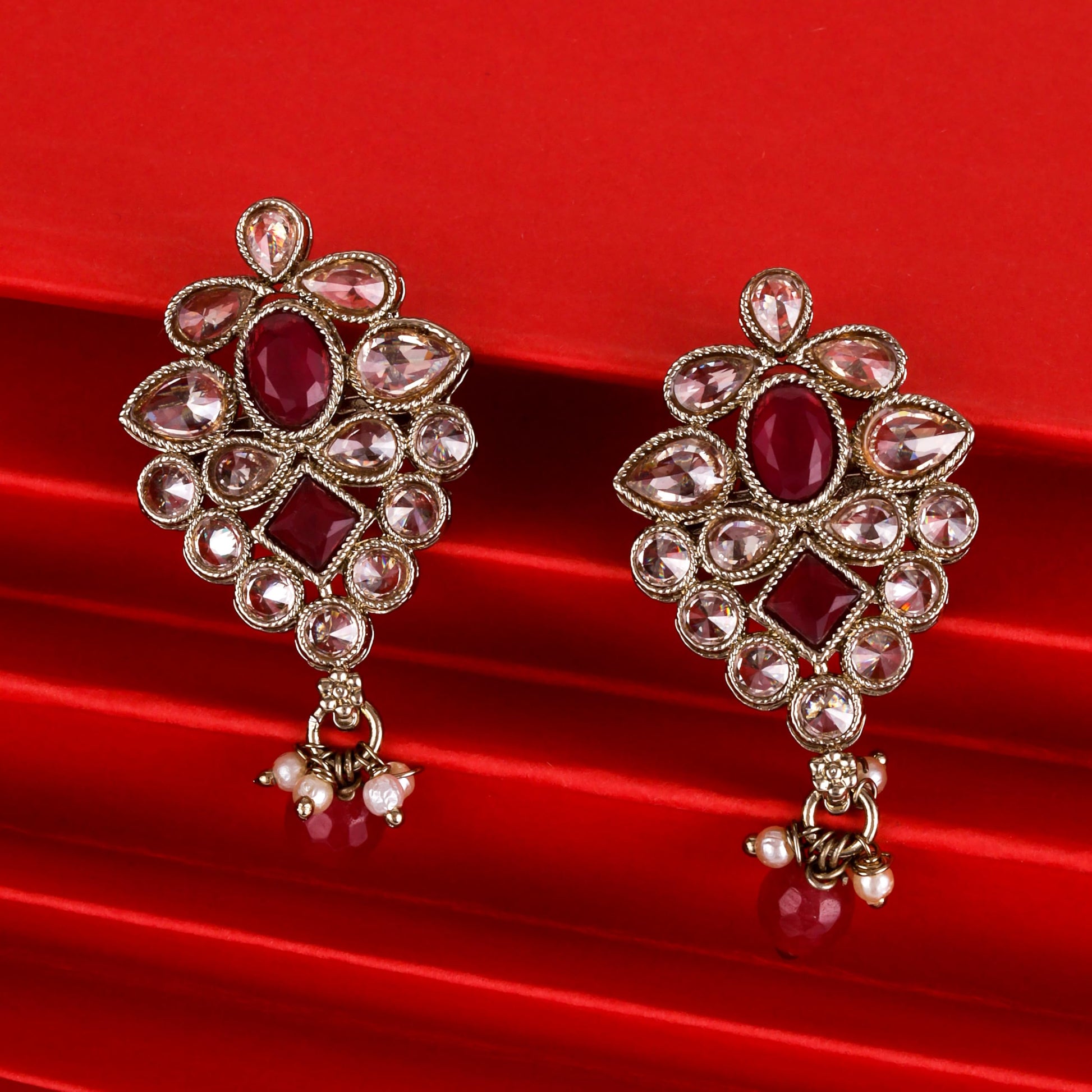 Saloni Fashion Jewellery Modern Flower Design Red Uncut Kundan Stone Mother of Pearl Antique Gold Plated Dangle Earring For Women and Girls