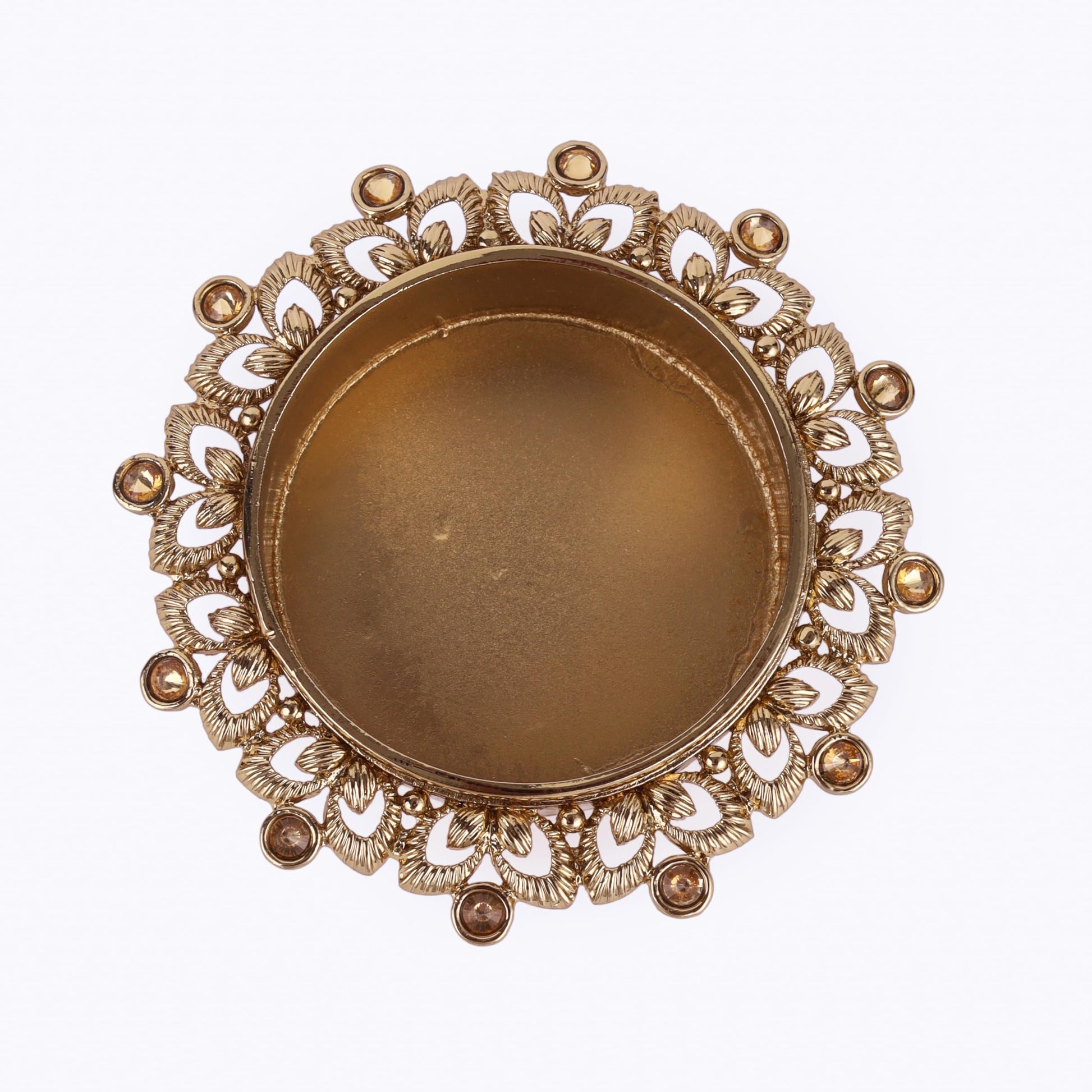 Saloni Fashion Jewellery Traditional Delightful Leaf and Round Shape Brass Gold Plated Brown Stone Festival Decorative Deep / Diya