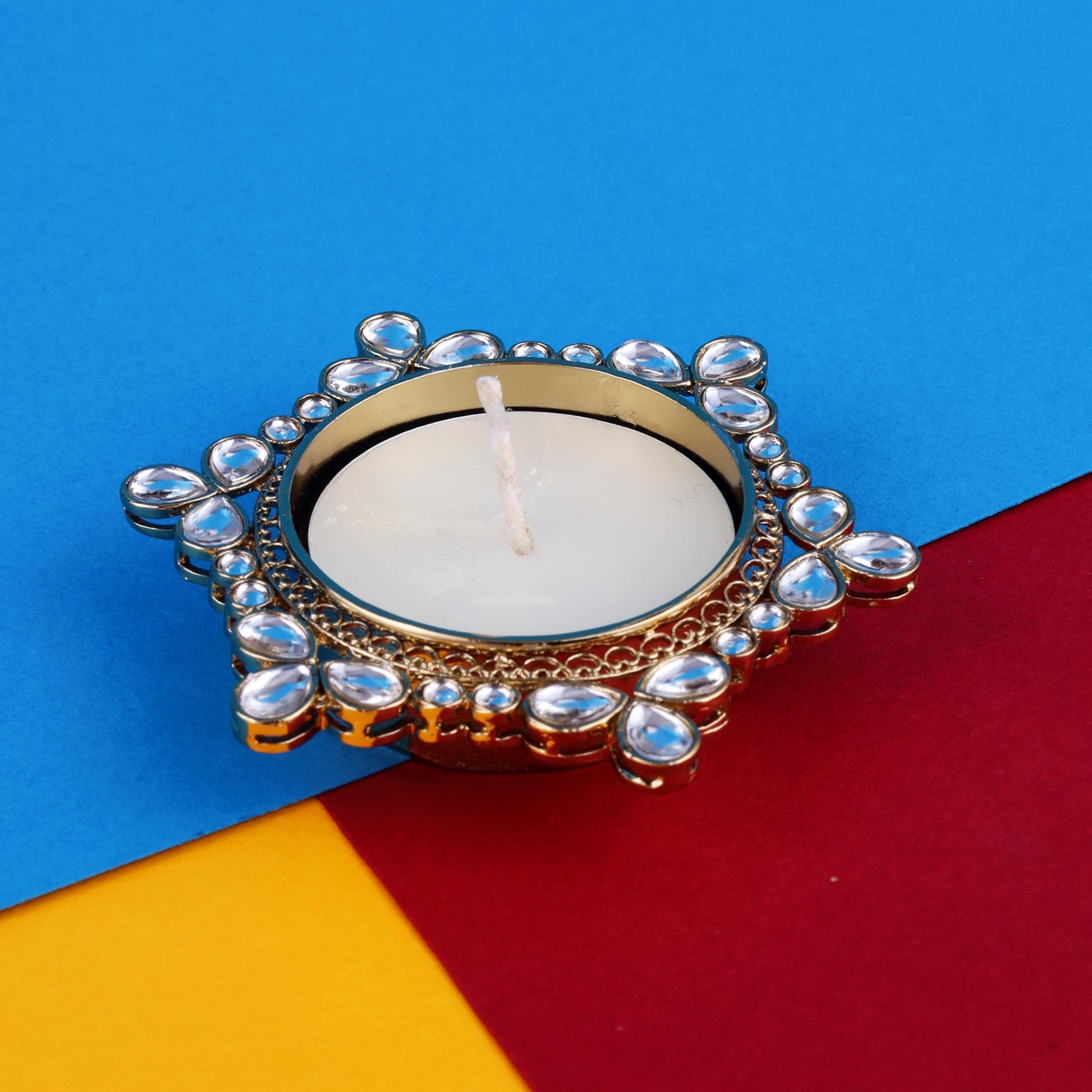 Saloni Fashion Jewellery Traditional Delightful Round and Flower Design Brass Gold Plated White Stone Festival Decorative Deep / Diya
