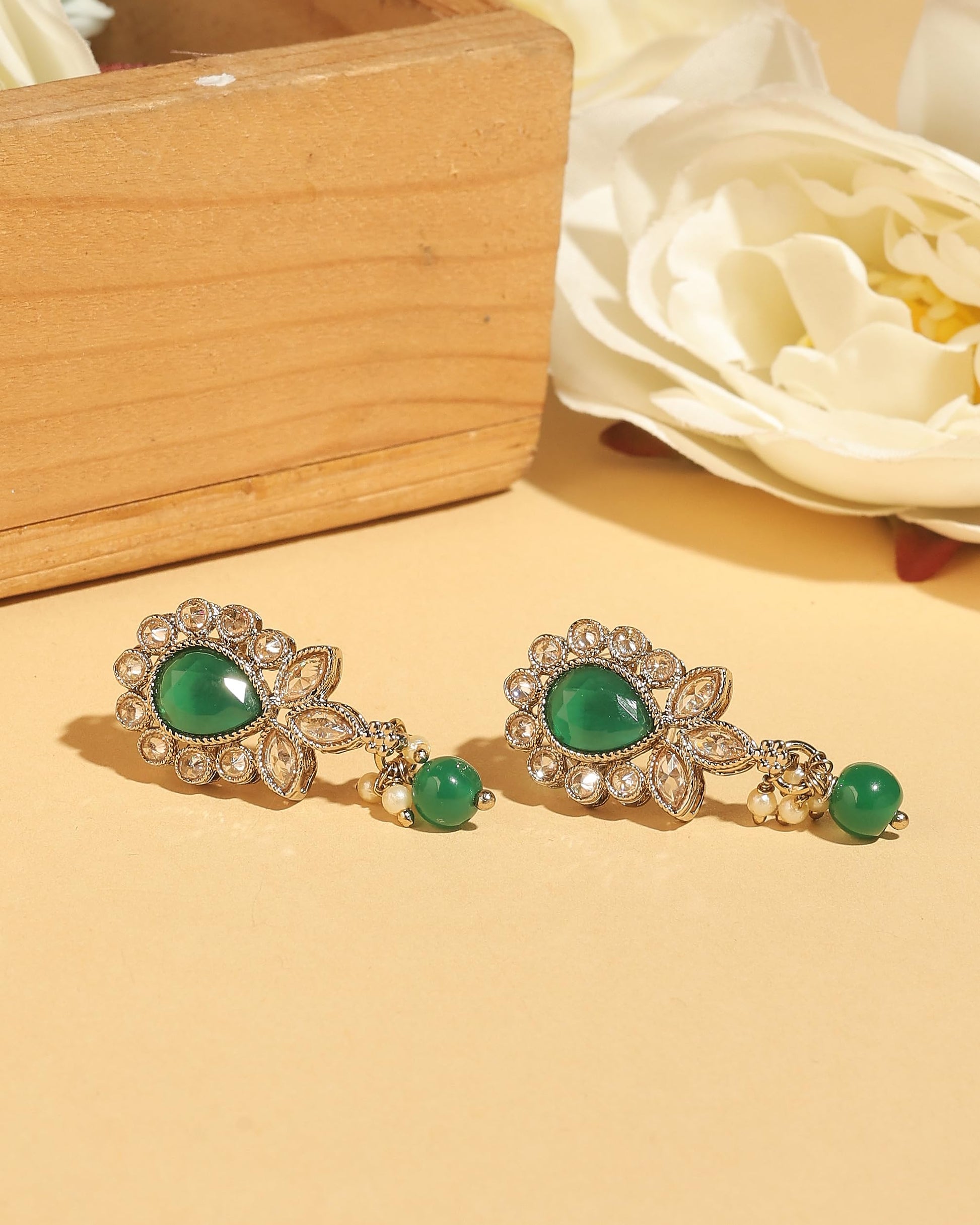 Saloni Fashion Jewellery Ethnic Oval and Leaf Design Gold Plated Green Kundan Stone Dangle Earring For Women and Girls