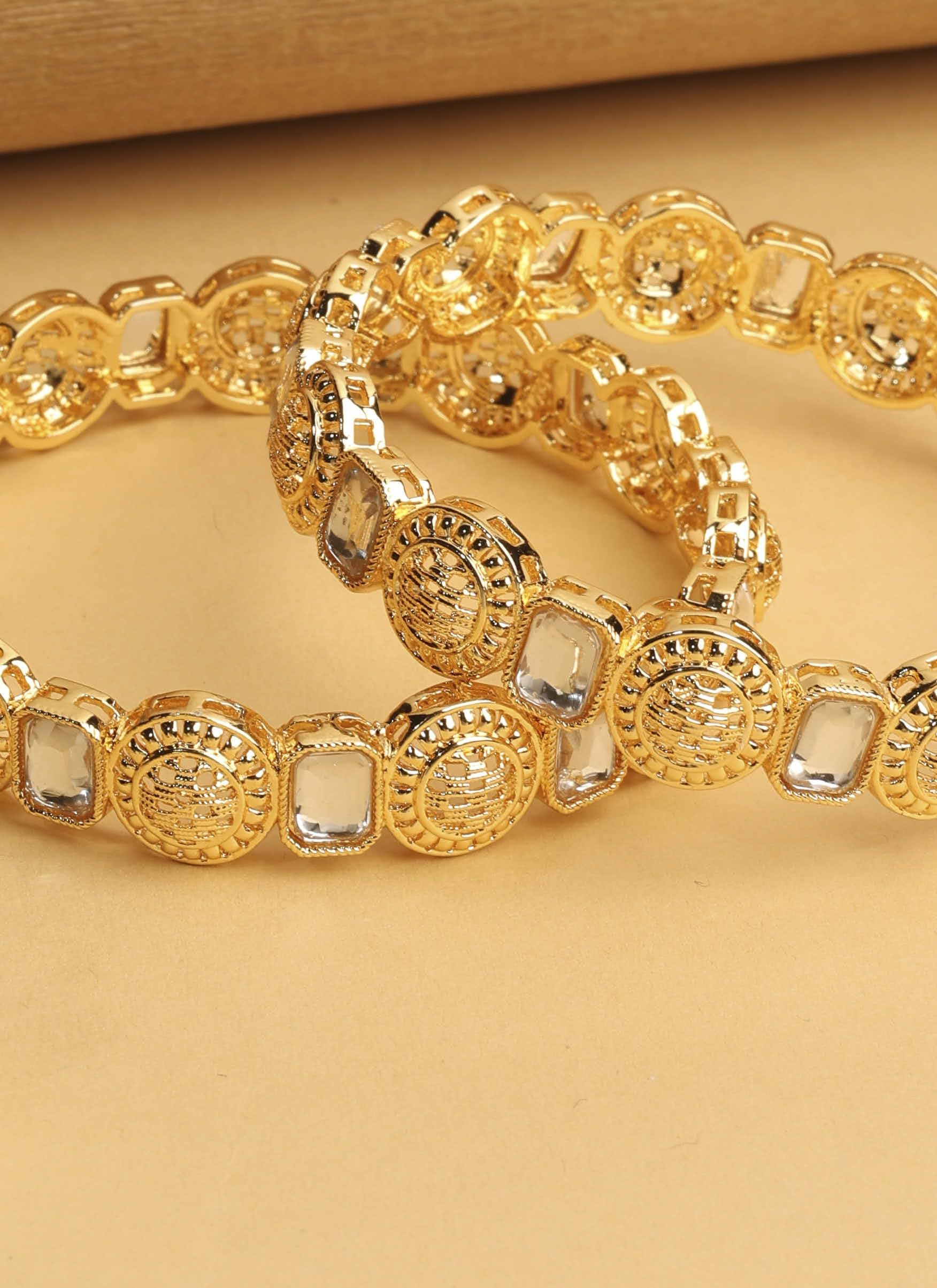 Saloni Fashion Jewellery Traditional Round Shape White Kundan Stone Gold Plated Set of 2 Bangle Set For Women and Girls