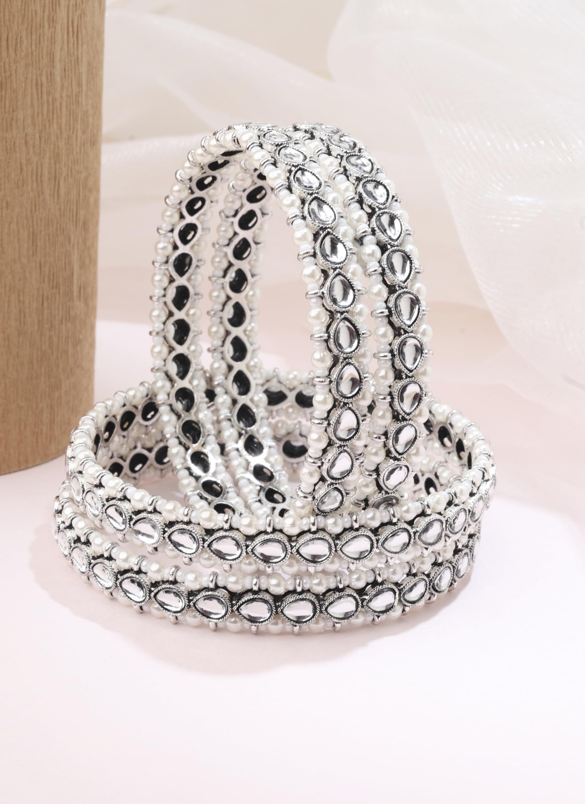 Saloni Fashion Jewellery Lovely Oval Shape White Kundan Stone Silver Plated Set Of 4 Bangle Set For Women and Girls