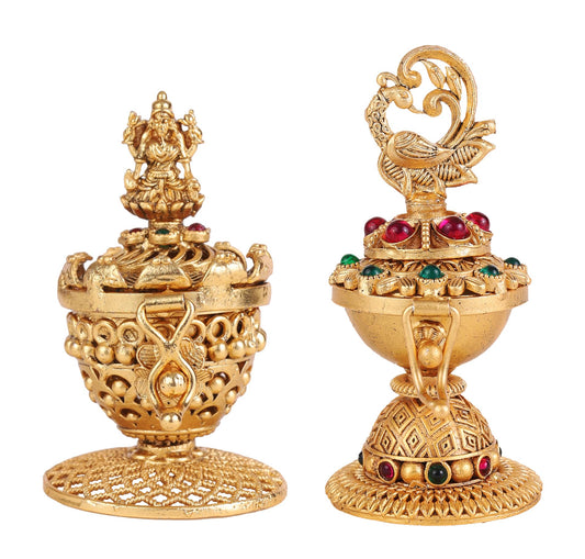 Saloni Fashion Jewellery Traditional Laxmi and Peacock Design Gold Plated Brass Set of 2 Combo Sindoor Dani/Dibbi For Women