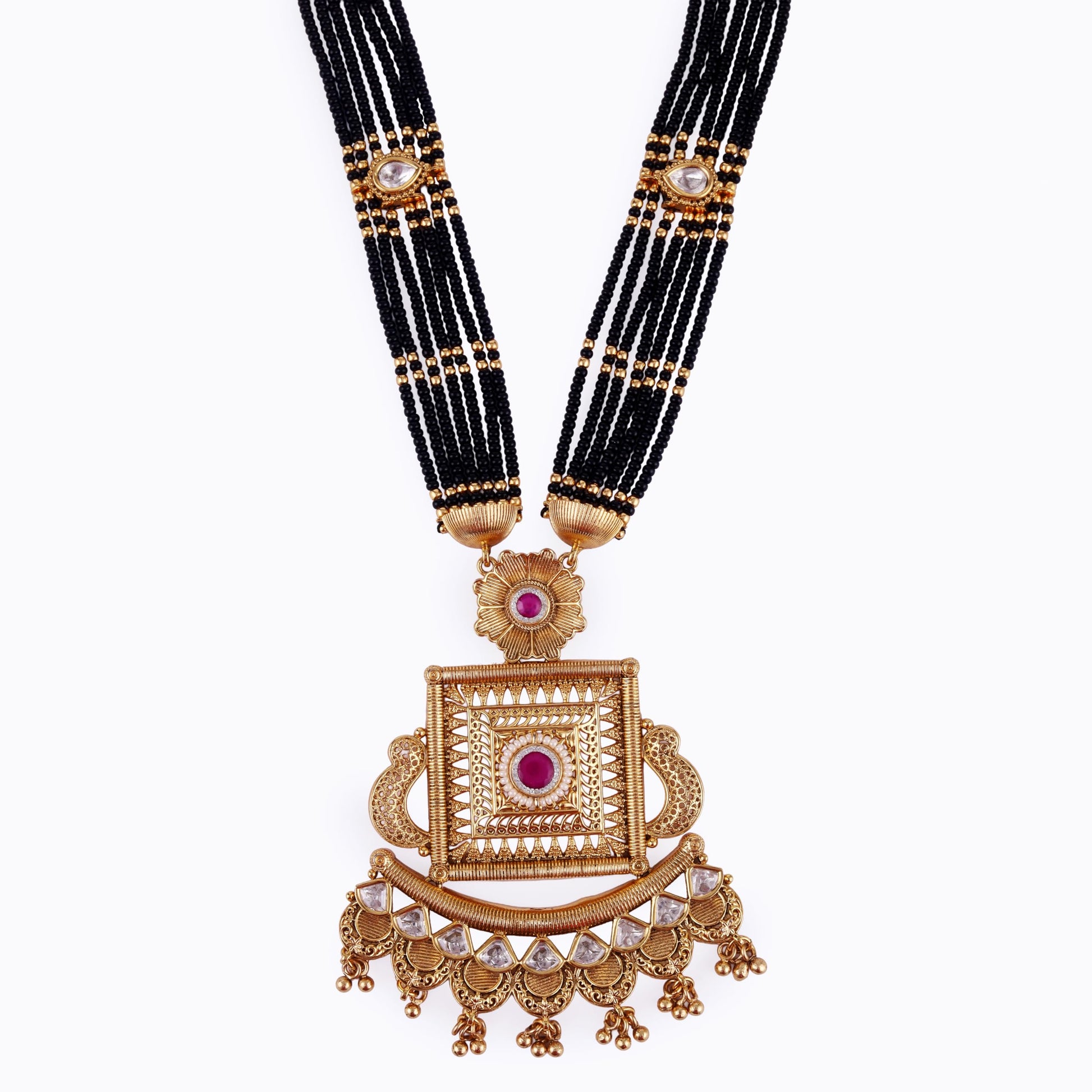 Saloni Fashion Jewellery Traditional Flower and Square Shape Black Bead Gold Plated Long Bead Chain Mangalsutra For Women