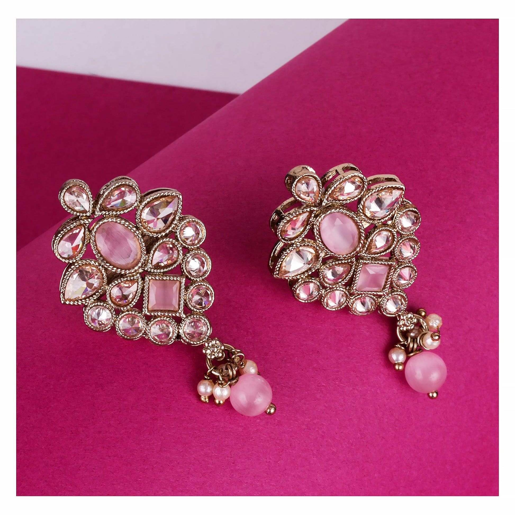 Saloni Fashion Jewellery Graceful Flower Design Pink Uncut Kundan Stone Mother of Pearl Antique Gold Plated Dangle Earring For Women and Girls