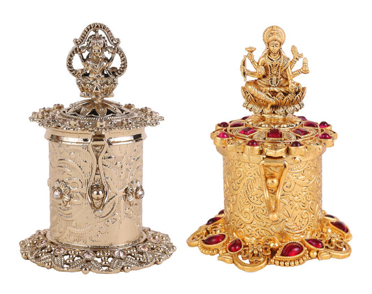 Saloni Fashion Jewellery Traditional Laxmi Design Antique Gold Plated Brass Set of 2 Combo Sindoor Dani/Dibbi For Women