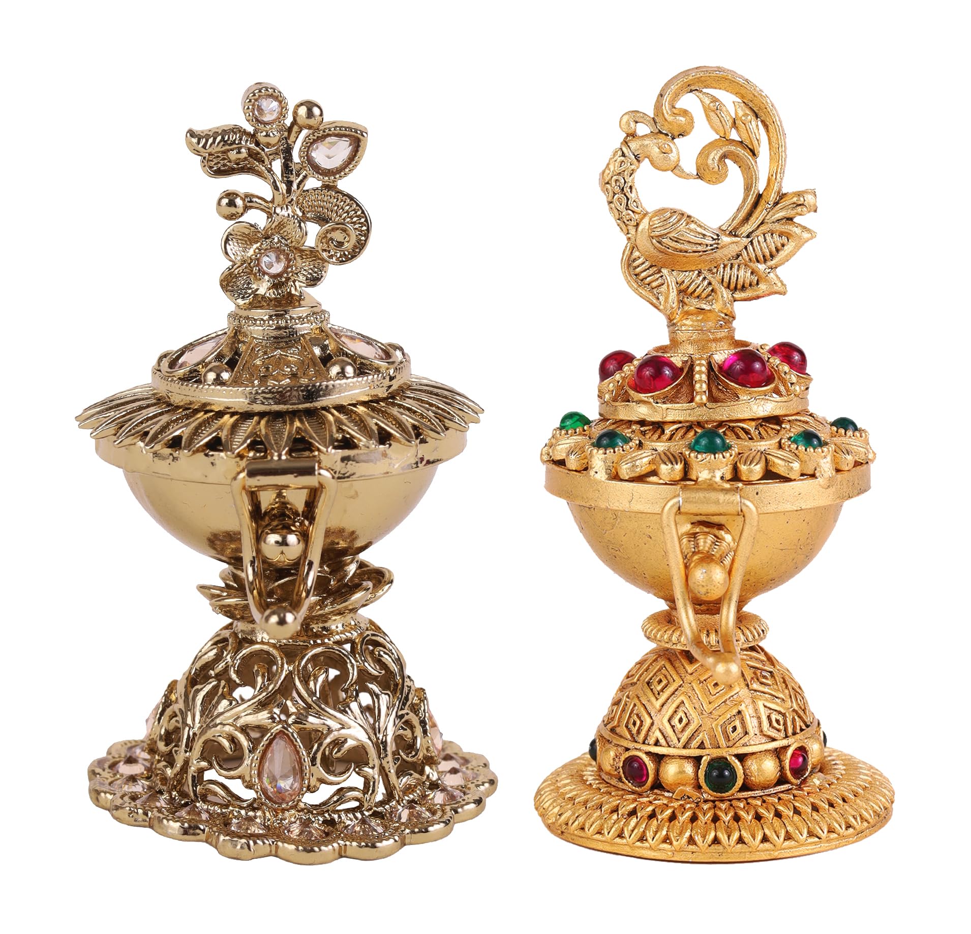 Saloni Fashion Jewellery Traditional Flower and Peacock Design Gold Plated Brass Set of 2 Combo Sindoor Dani/Dibbi For Women